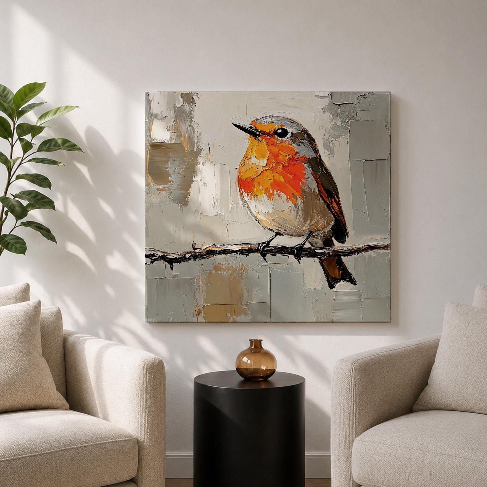 Robin Wall Art Redbreast Bird Framed Canvas Songbird Impasto Animal Nature Home Decor