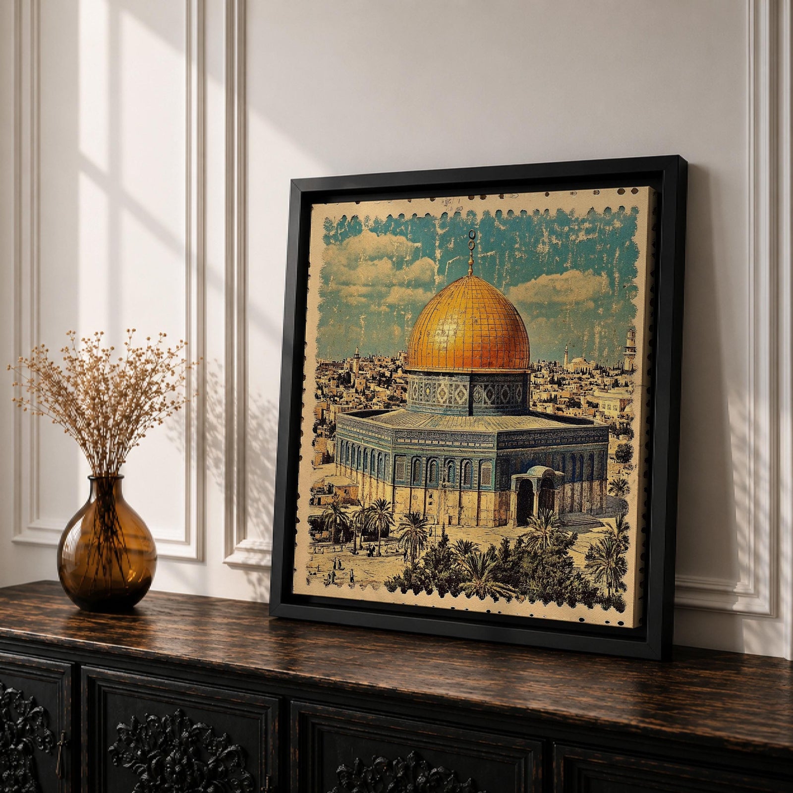 Vintage Dome of the Rock Wall Art Al Aqsa Framed Canvas Jerusalem Islamic Decor