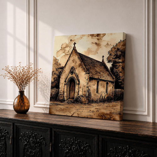 Catholic Church Wall Art Country Chapel Framed Canvas Sepia Vintage Rustic Home Decor