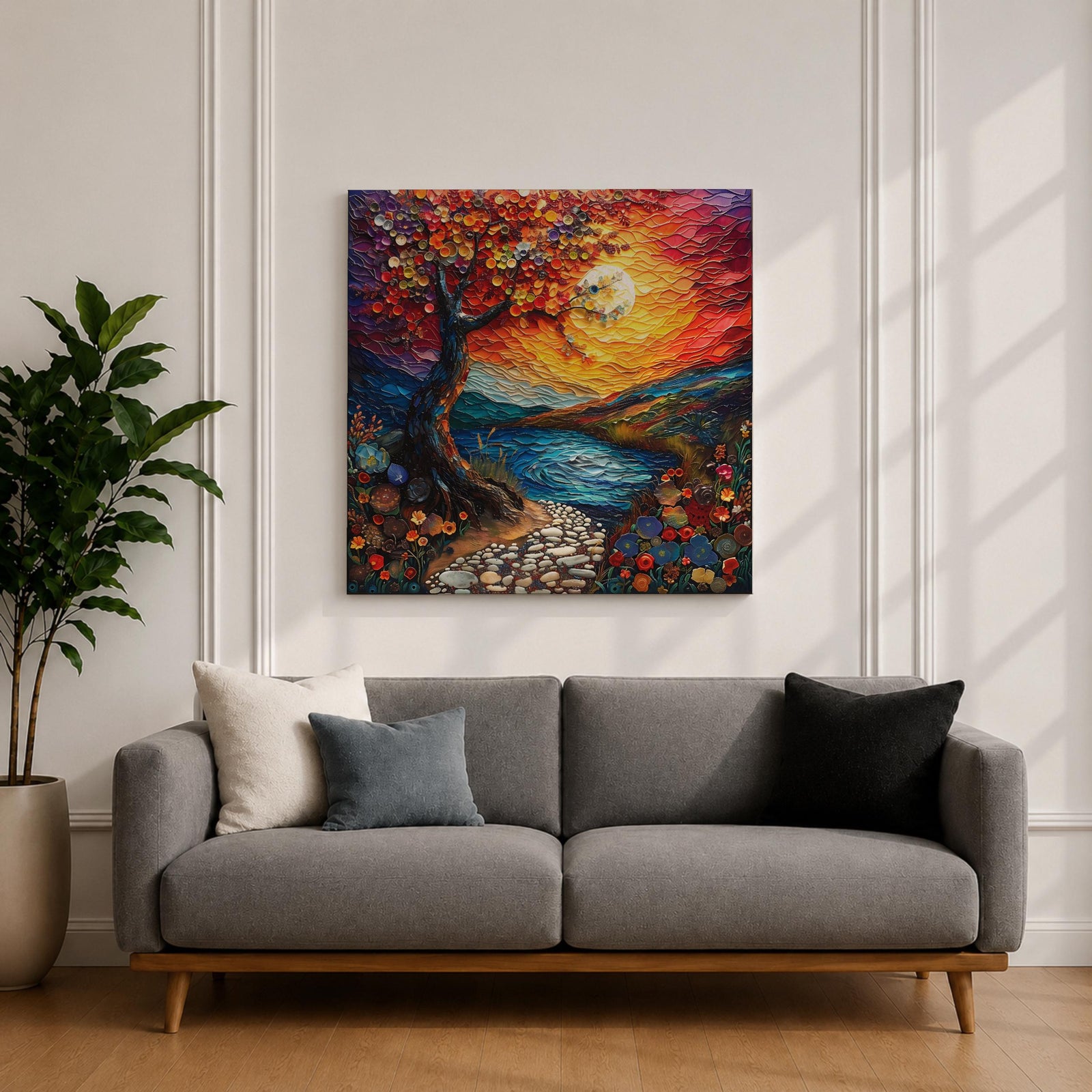 Moonlit Tree Wall Art Sunset Landscape Framed Canvas Lake Landscape Impasto Home Decor