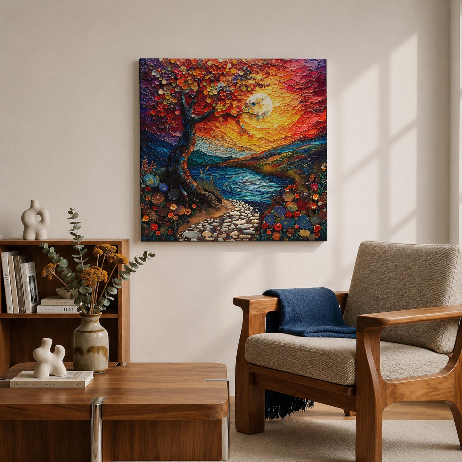 Moonlit Tree Wall Art Sunset Landscape Framed Canvas Lake Landscape Impasto Home Decor