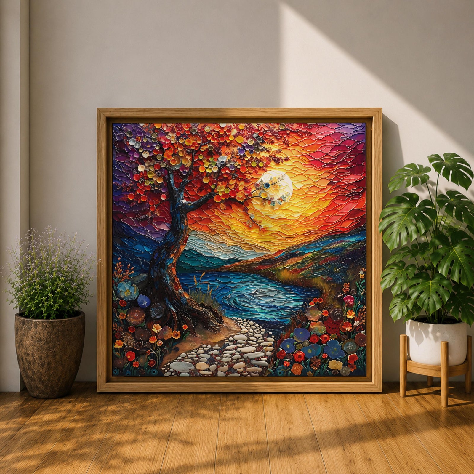 Moonlit Tree Wall Art Sunset Landscape Framed Canvas Lake Landscape Impasto Home Decor