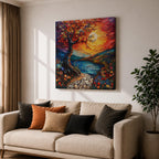 Moonlit Tree Wall Art Sunset Landscape Framed Canvas Lake Landscape Impasto Home Decor