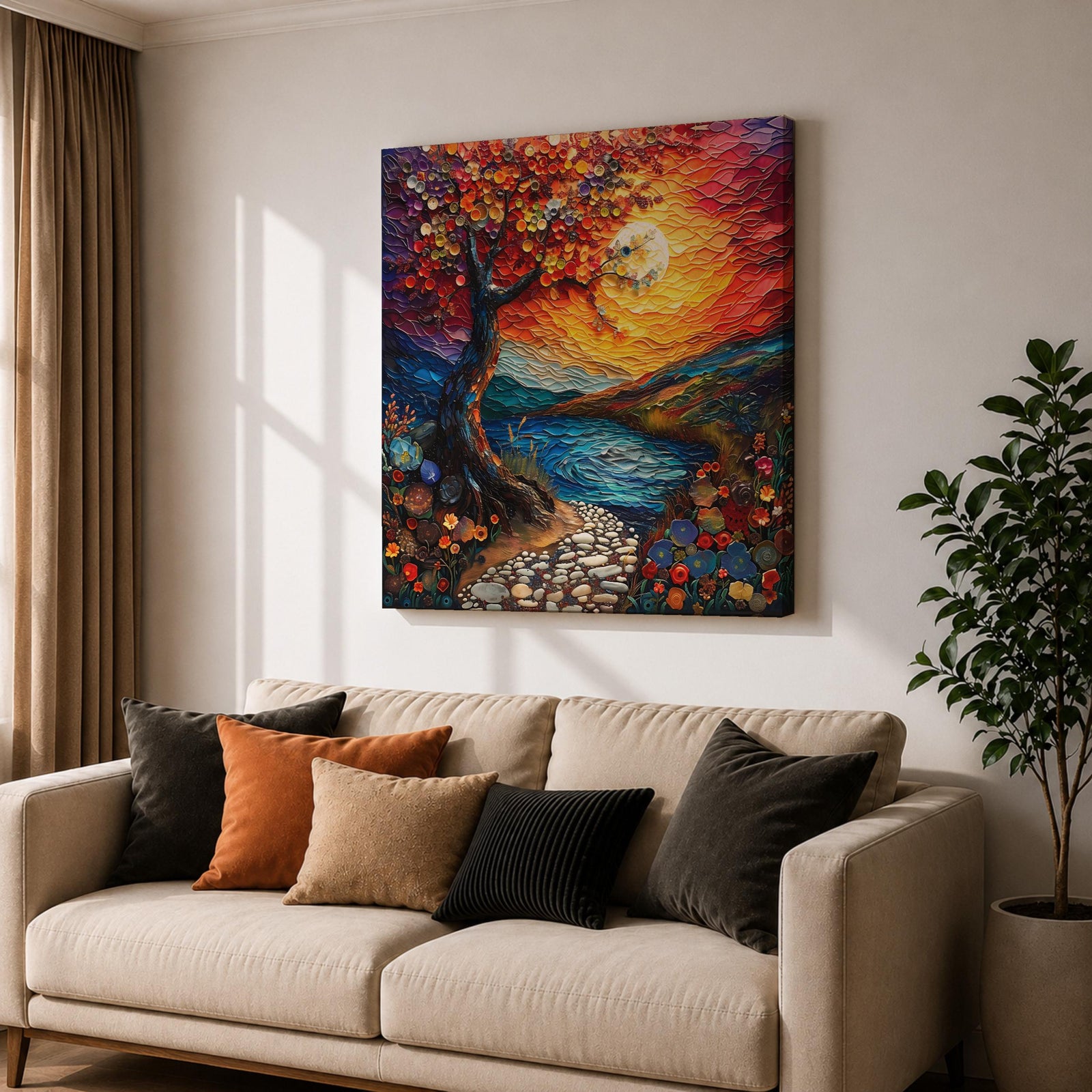 Moonlit Tree Wall Art Sunset Landscape Framed Canvas Lake Landscape Impasto Home Decor