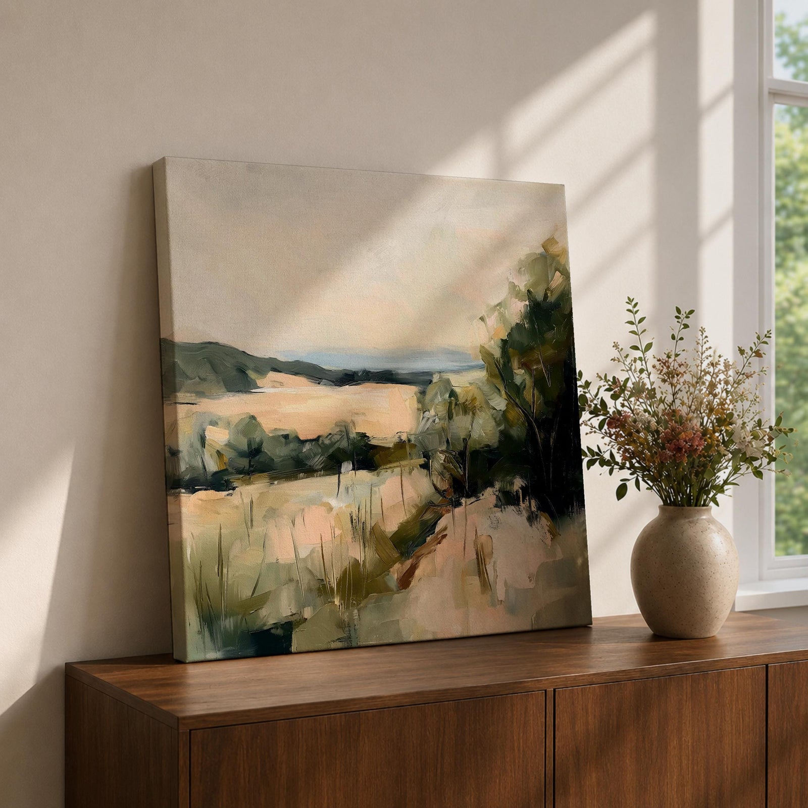 Meadow Landscape Wall Art Countryside Framed Canvas Impasto Rustic Farmhouse Cottage Home Decor