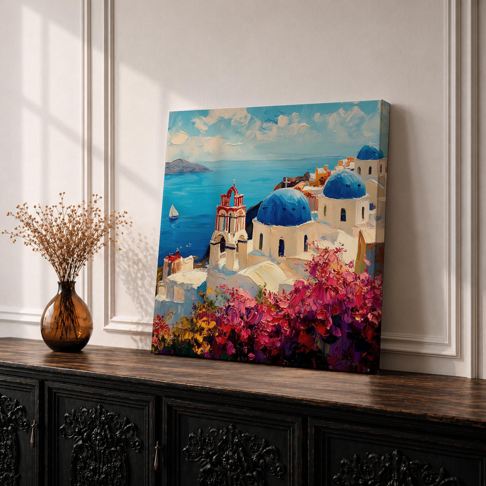 Santorini Greece Wall Art Greek Island Framed Canvas Mediterranean Coastal Landscape Living Room Decor