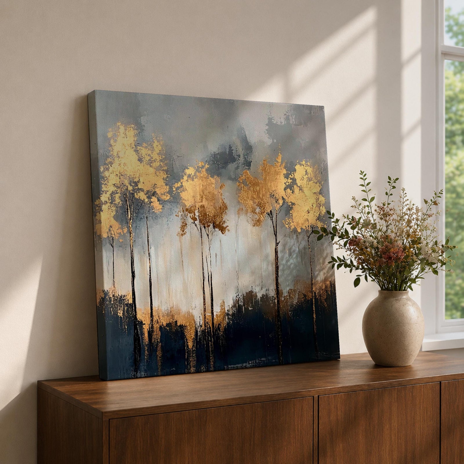 Golden Forest Wall Art Autumn Trees Framed Canvas Woodland Abstract Rustic Farmhouse Home Decor