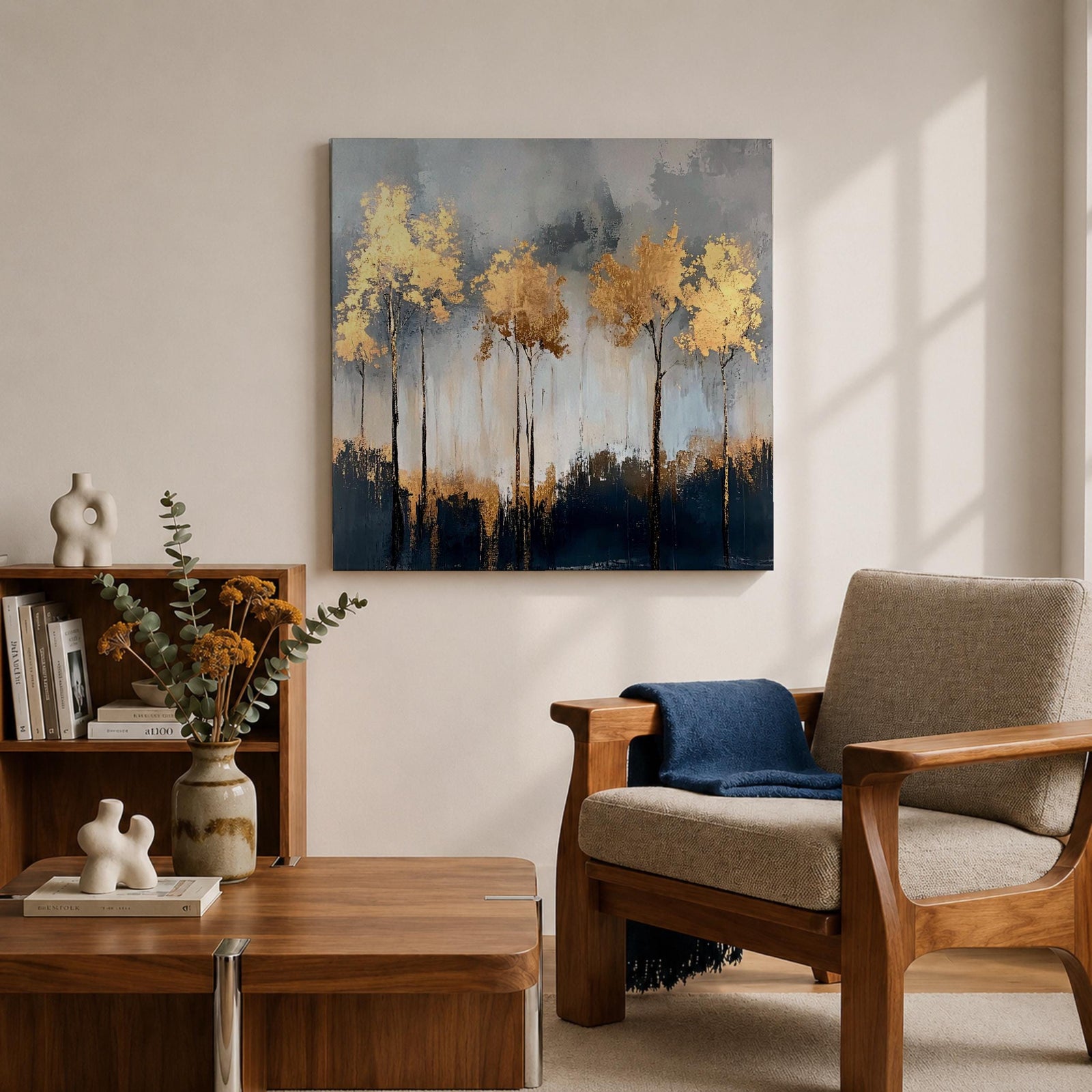 Golden Forest Wall Art Autumn Trees Framed Canvas Woodland Abstract Rustic Farmhouse Home Decor