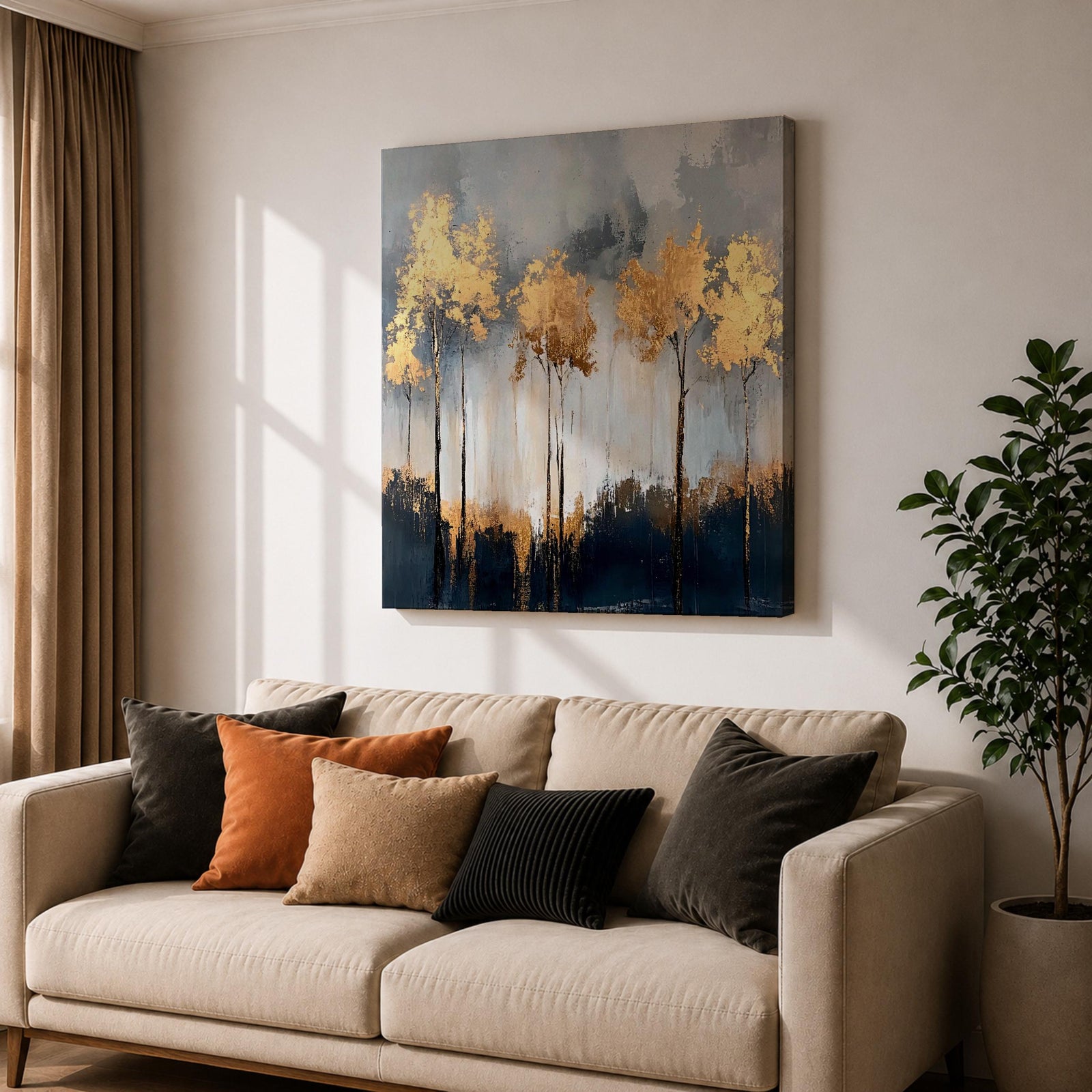 Golden Forest Wall Art Autumn Trees Framed Canvas Woodland Abstract Rustic Farmhouse Home Decor