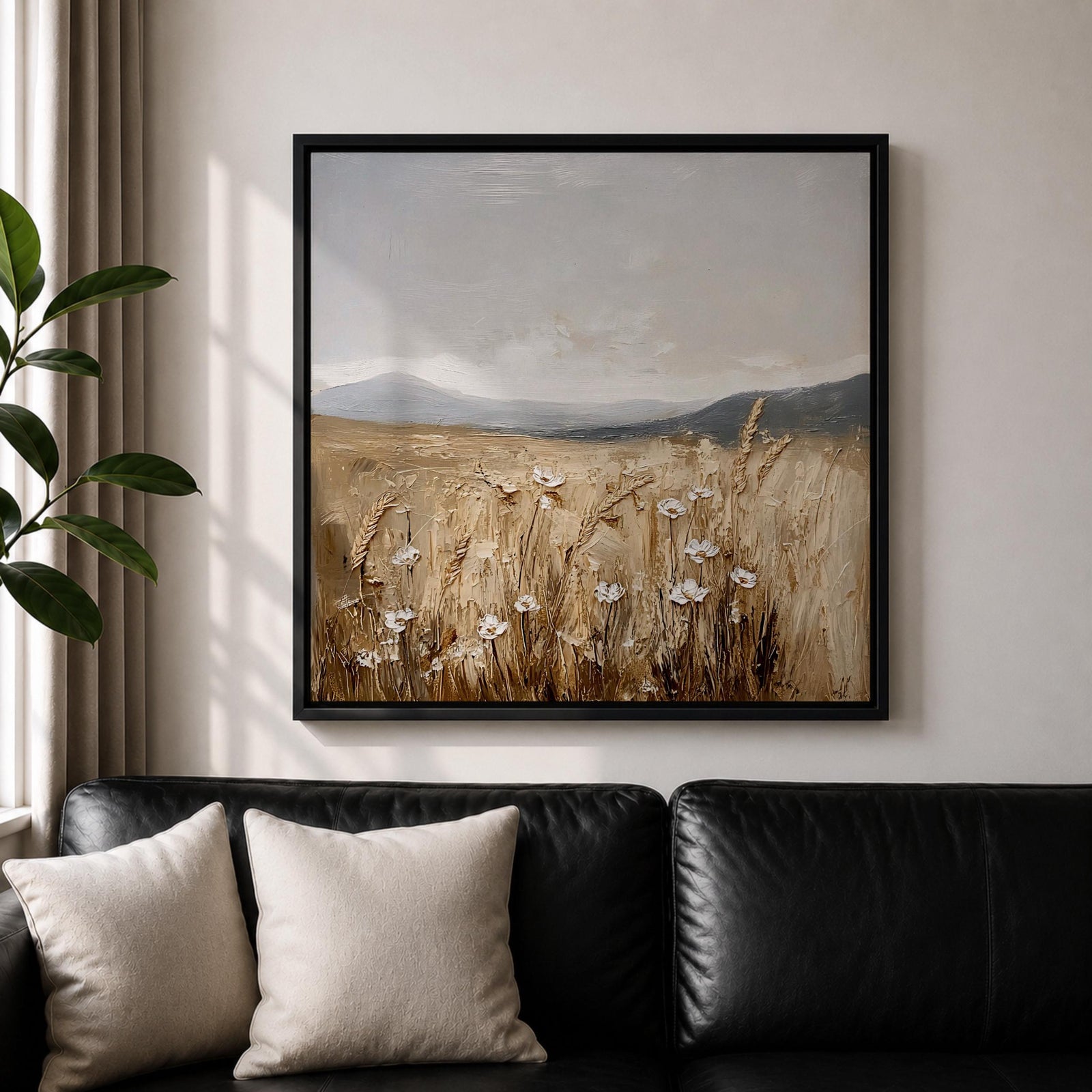 Wheat Field Wall Art Golden Meadow Framed Canvas Countryside Impasto Landscape Farmhouse Home Decor