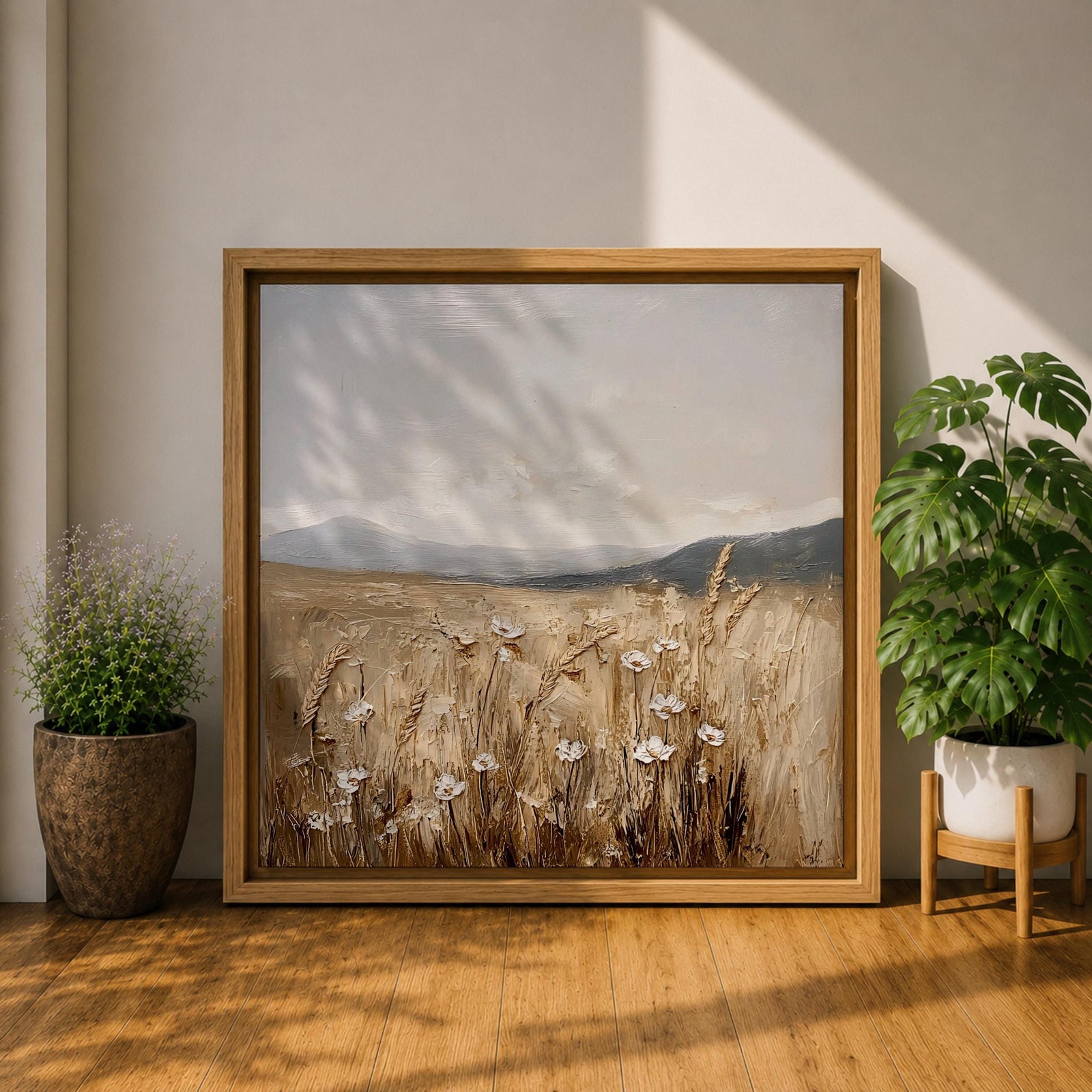 Wheat Field Wall Art Golden Meadow Framed Canvas Countryside Impasto Landscape Farmhouse Home Decor