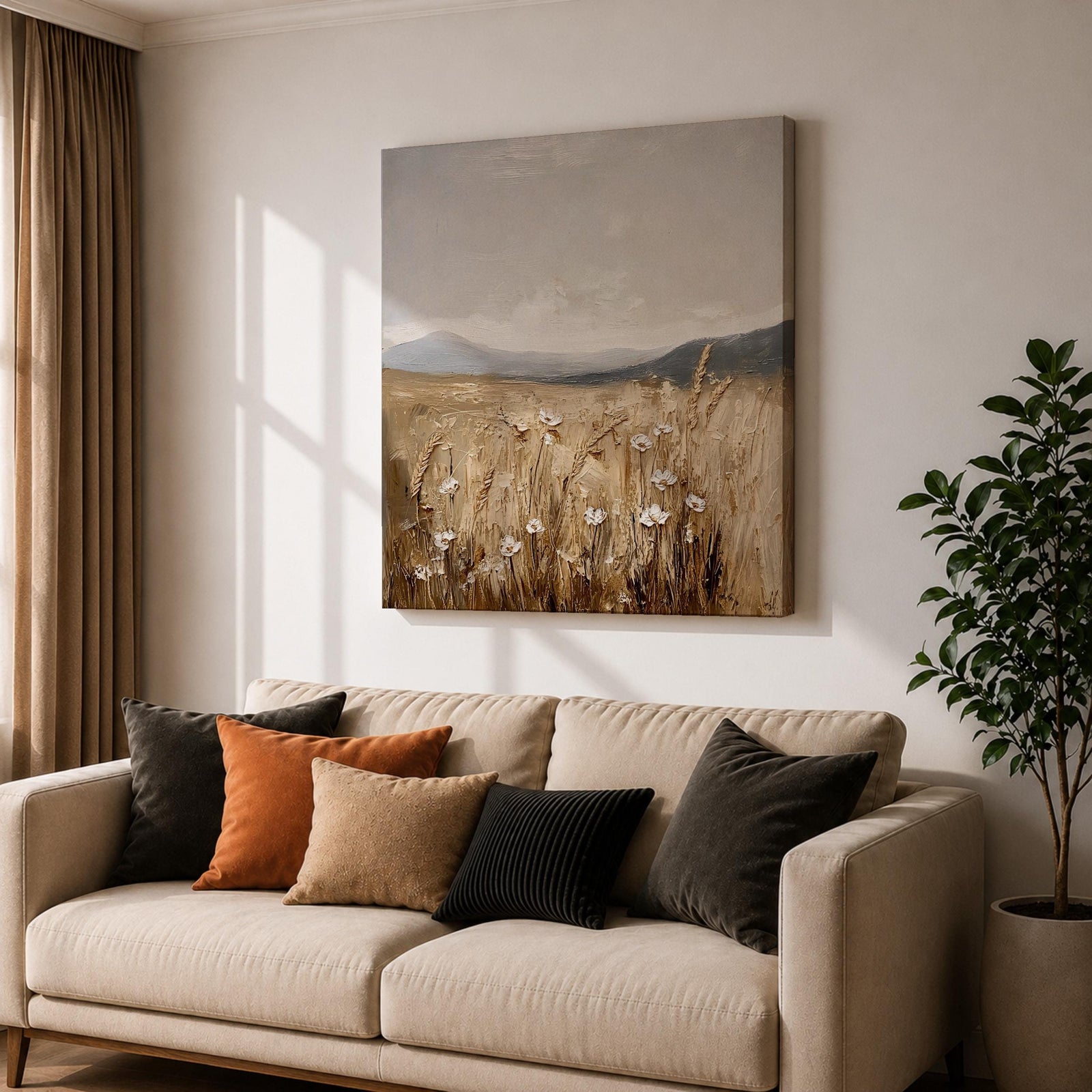 Wheat Field Wall Art Golden Meadow Framed Canvas Countryside Impasto Landscape Farmhouse Home Decor
