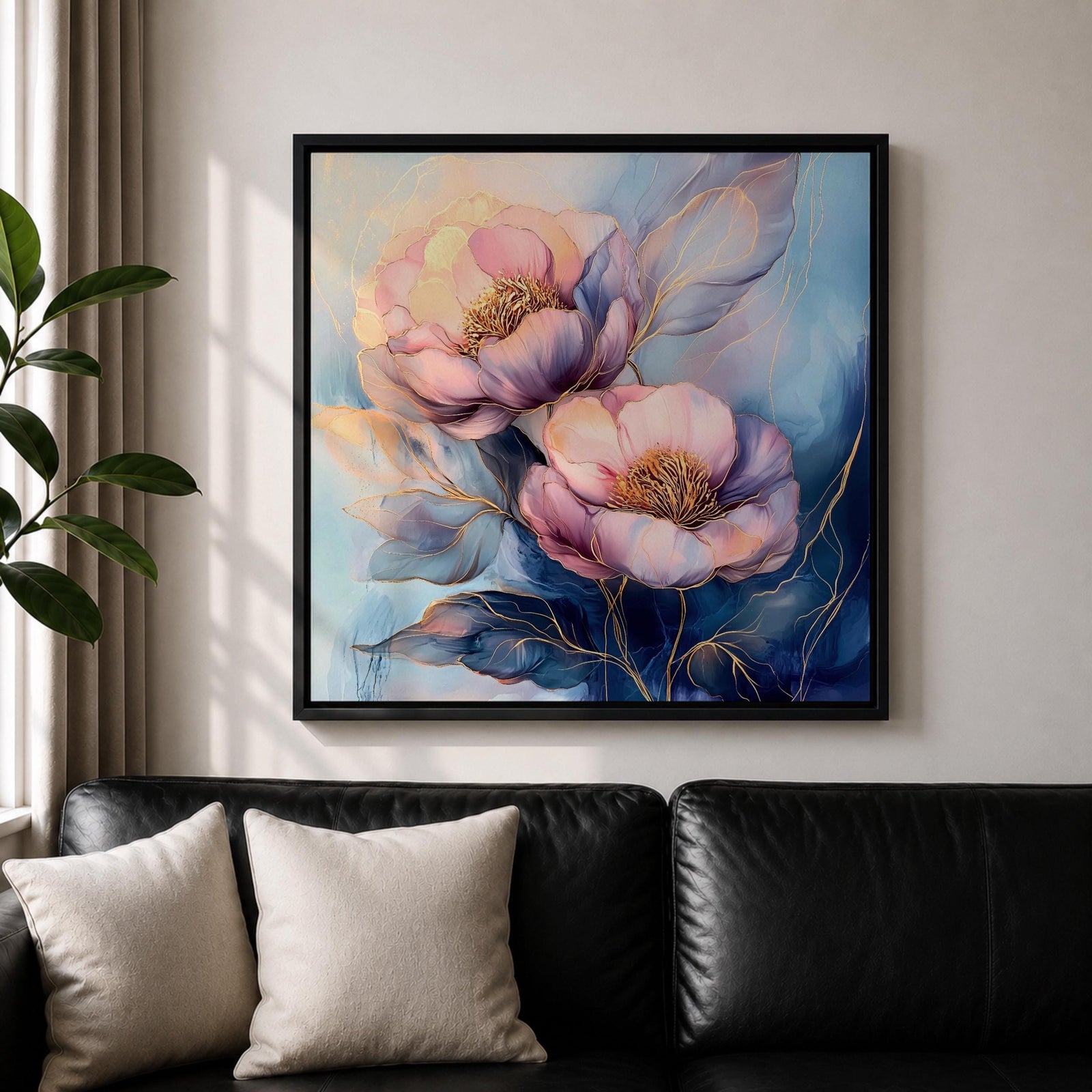 Peony Wall Art Garden Flower Framed Canvas Botanical Gold Accent Boho Home Decor