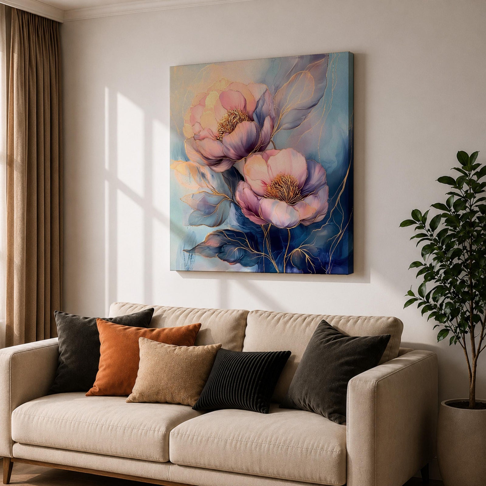 Peony Wall Art Garden Flower Framed Canvas Botanical Gold Accent Boho Home Decor