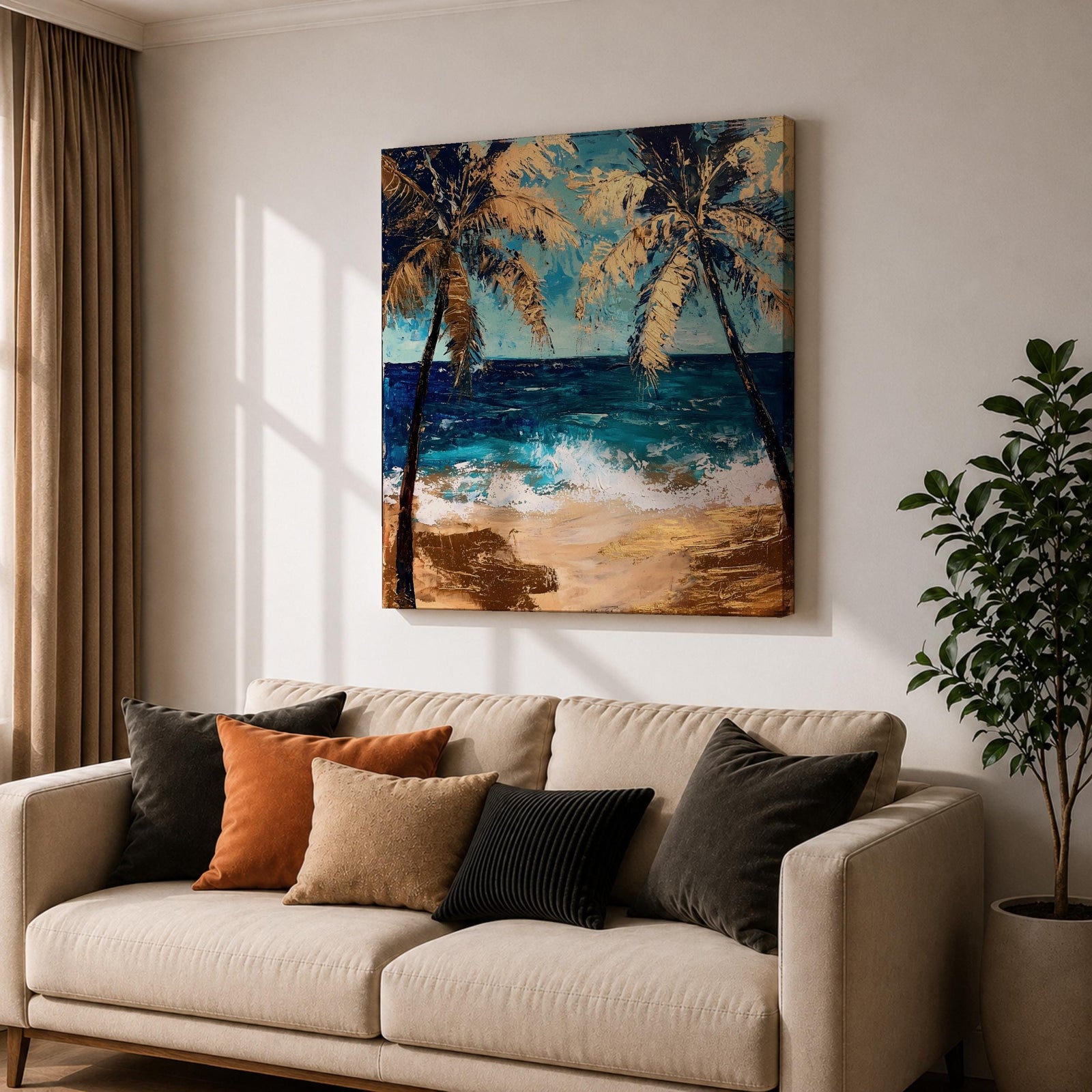 Tropical Palm Tree Wall Art Beach Landscape Framed Canvas Coastal Ocean Living Room Decor