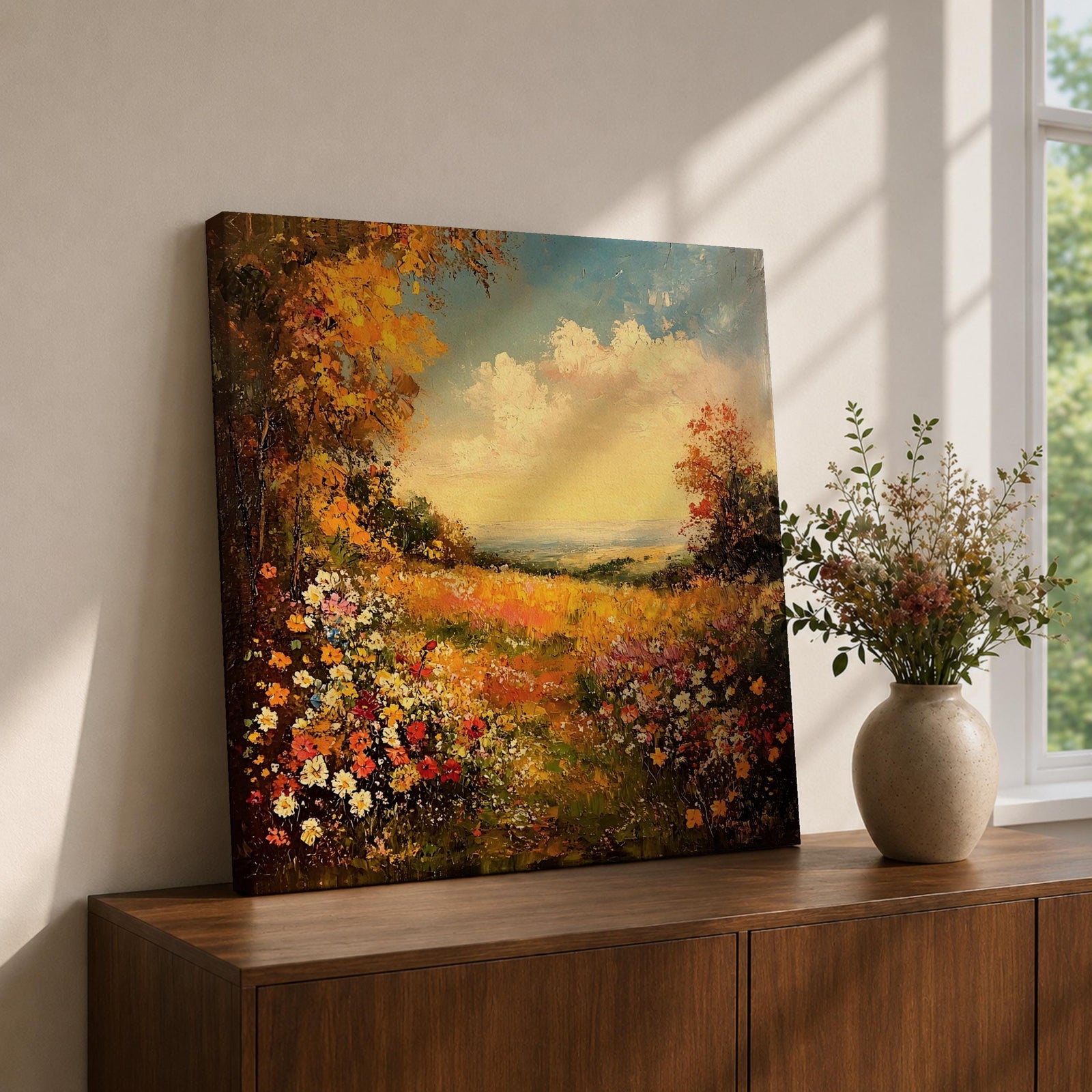 Wildflower Field Wall Art Floral Landscape Framed Canvas Meadow Impasto Rustic Cottage Home Decor