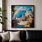 Santorini Blue Dome Wall Art Greek Island Framed Canvas Mediterranean Coastal Village Bedroom Decor