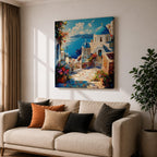 Santorini Blue Dome Wall Art Greek Island Framed Canvas Mediterranean Coastal Village Bedroom Decor