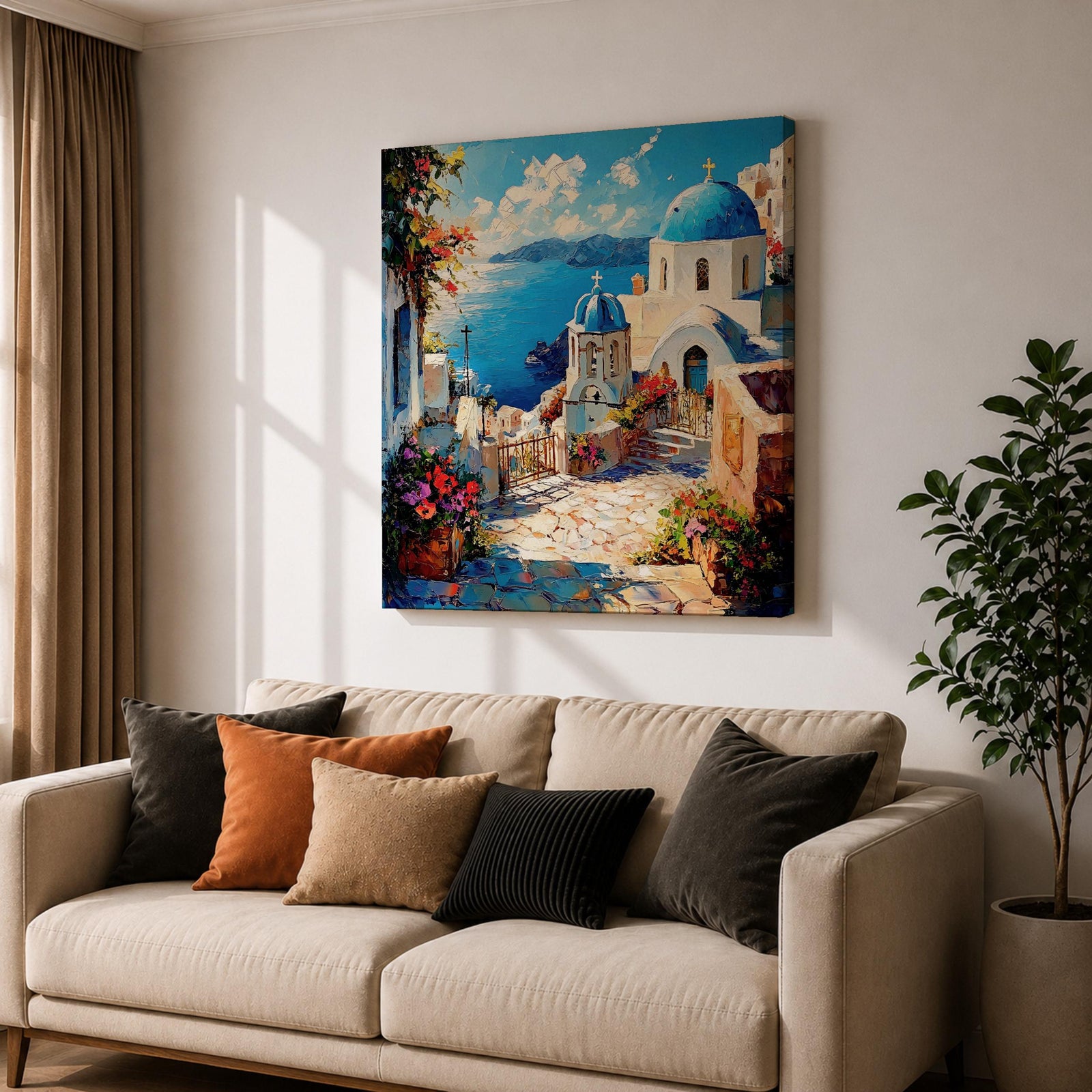 Santorini Blue Dome Wall Art Greek Island Framed Canvas Mediterranean Coastal Village Bedroom Decor