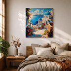 Santorini Blue Dome Wall Art Greek Island Framed Canvas Mediterranean Coastal Village Bedroom Decor