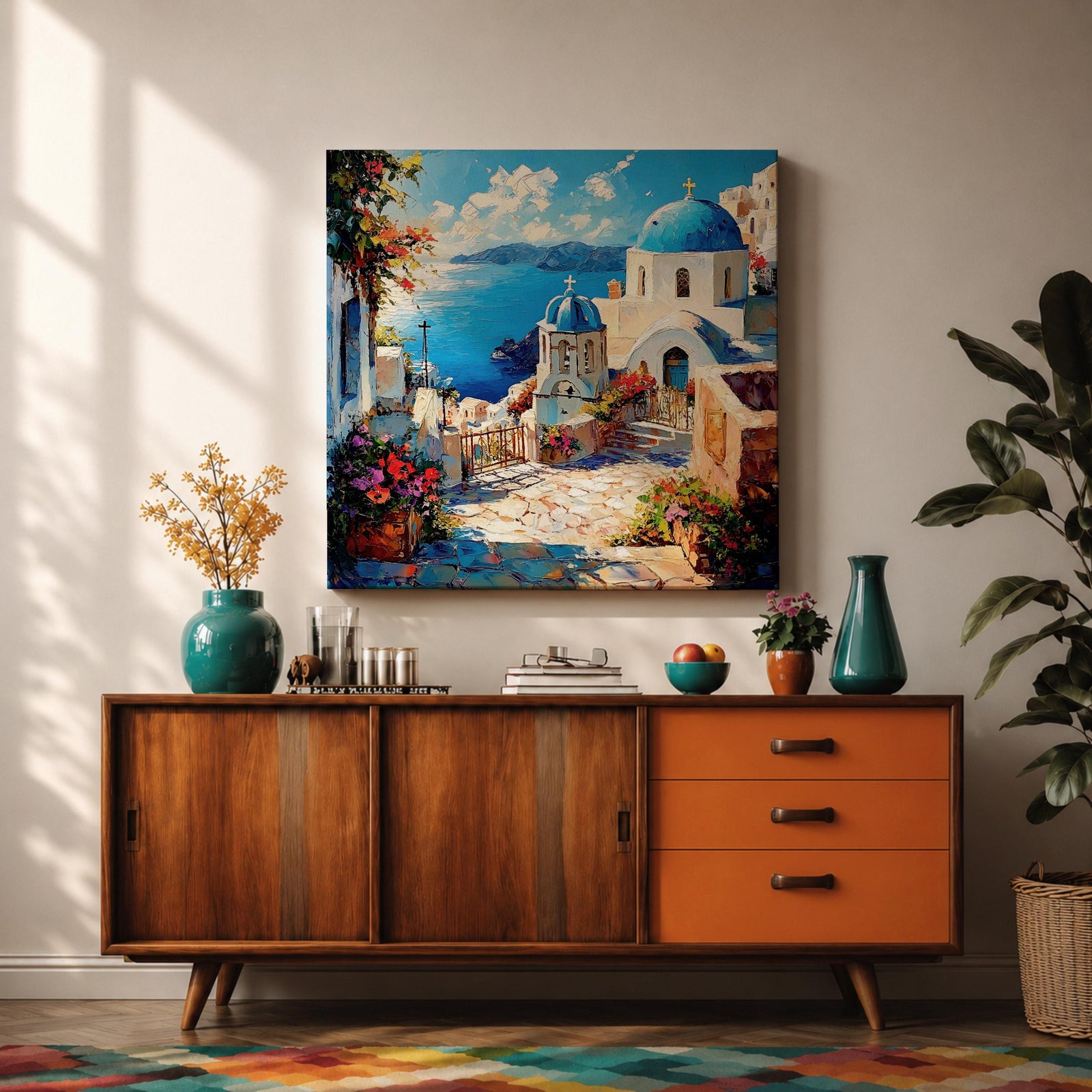 Santorini Blue Dome Wall Art Greek Island Framed Canvas Mediterranean Coastal Village Bedroom Decor