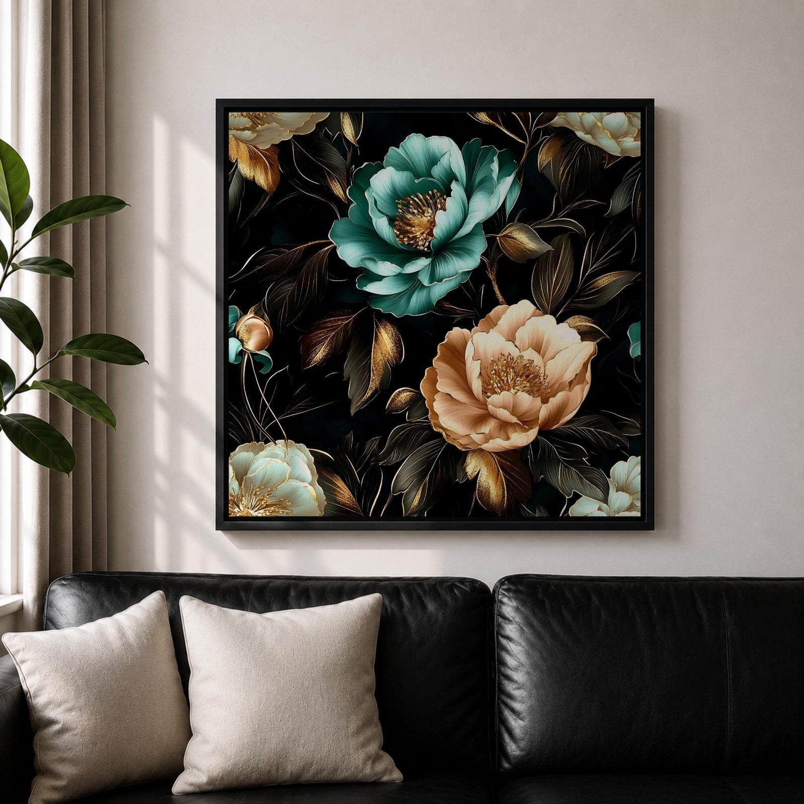 Peony Wall Art Dark Botanical Flower Framed Canvas Gold Accent Boho Home Decor