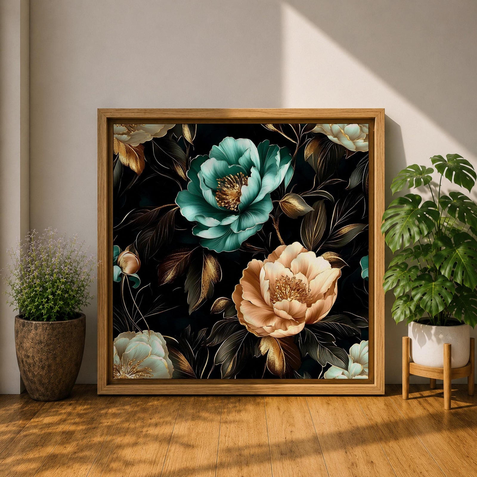 Peony Wall Art Dark Botanical Flower Framed Canvas Gold Accent Boho Home Decor