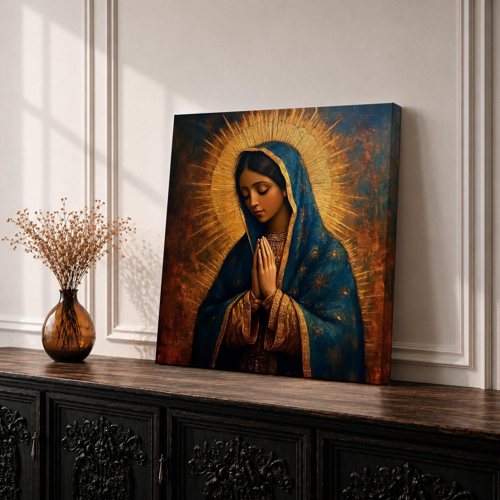 Our Lady of Guadalupe Wall Art La Morenita Framed Canvas Vintage Catholic Home Decor