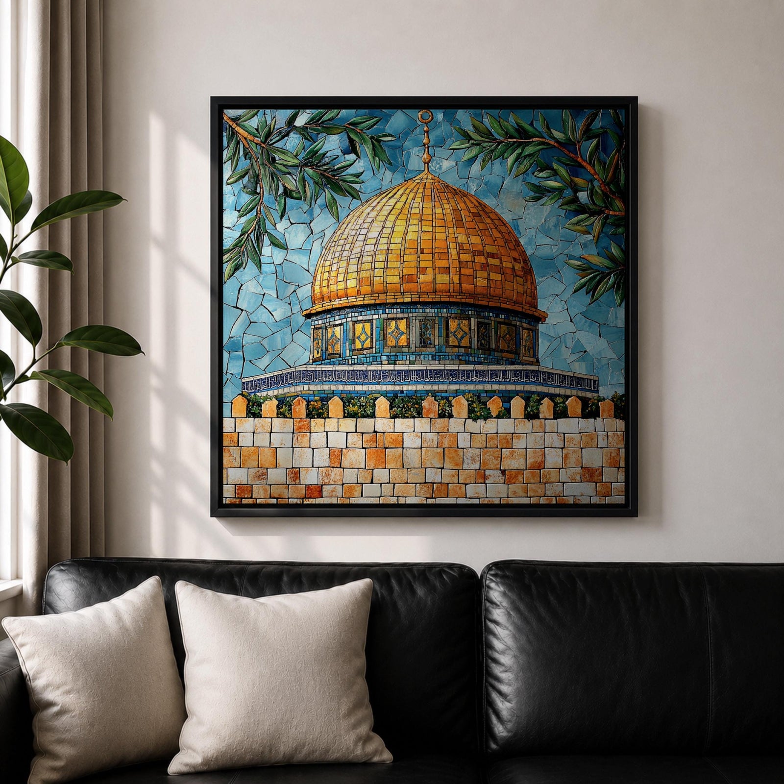 Dome of the Rock Mosaic Wall Art Jerusalem Framed Canvas Islamic Cultural Home Decor