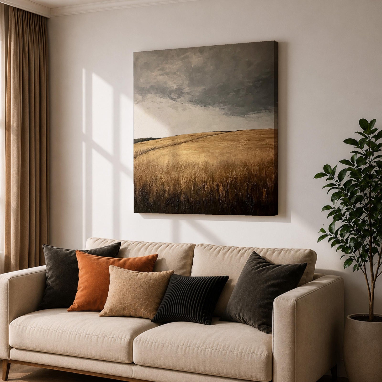 Stormy Field Wall Art Golden Meadow Framed Canvas Farmhouse Nature Rustic Home Decor
