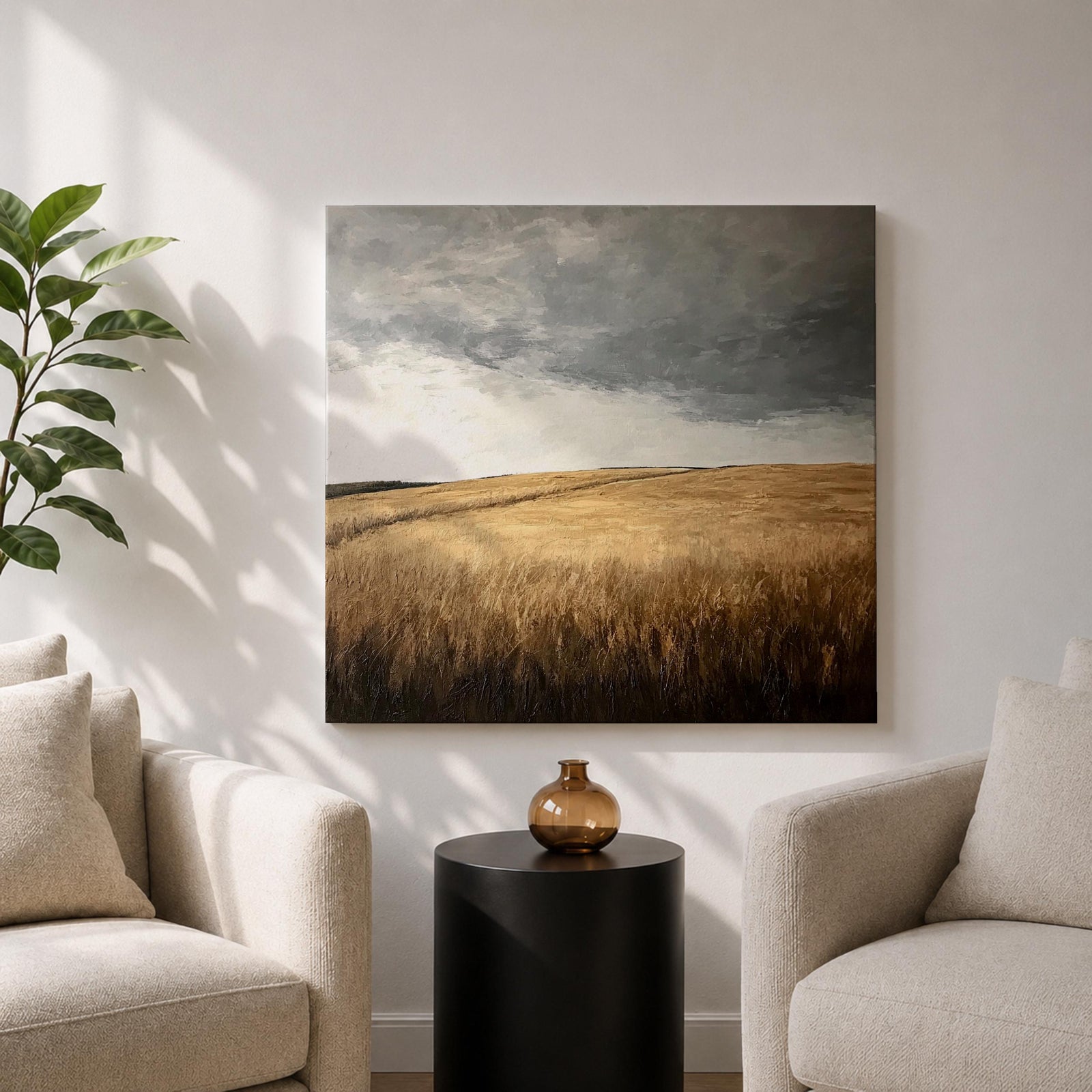 Stormy Field Wall Art Golden Meadow Framed Canvas Farmhouse Nature Rustic Home Decor
