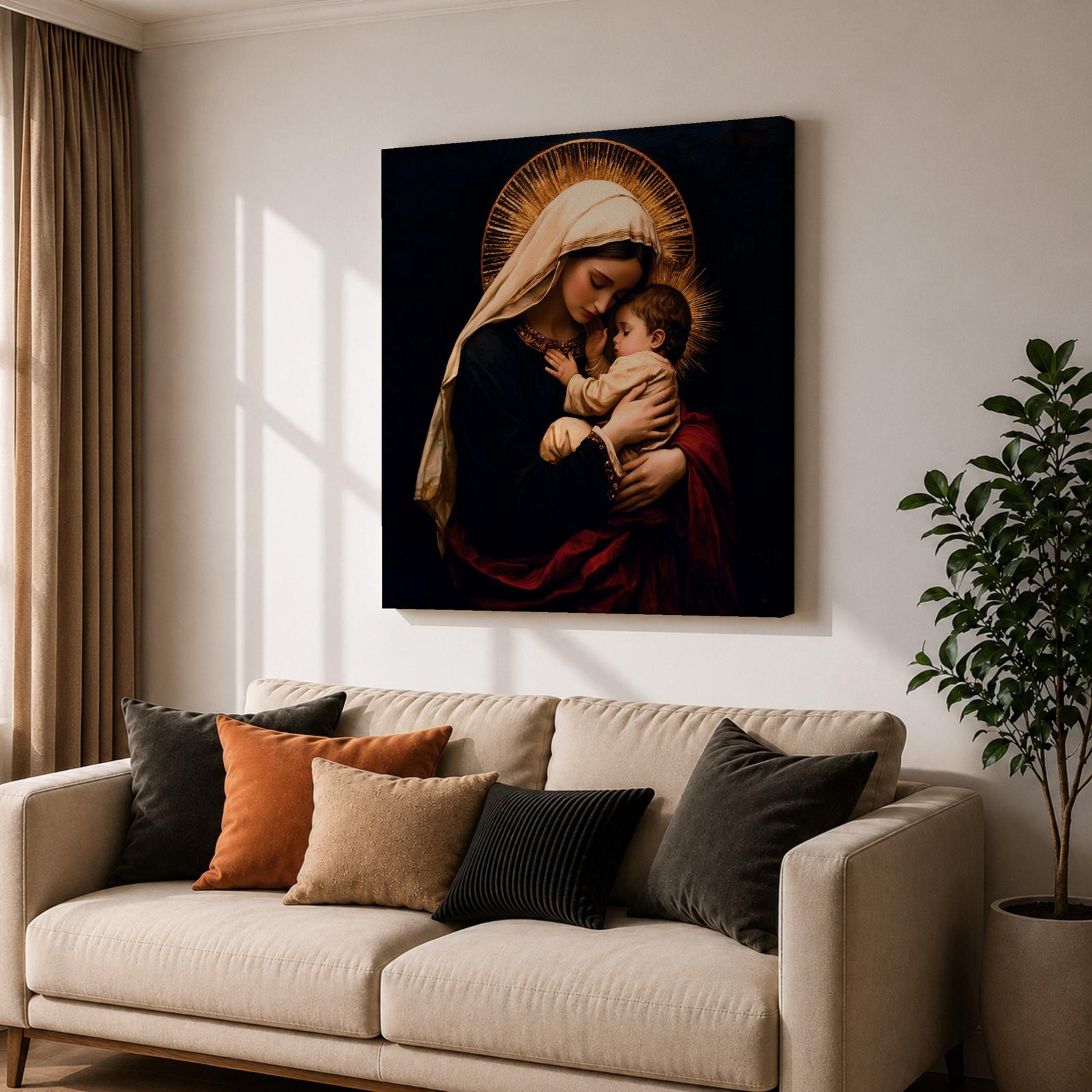 Madonna and Child Wall Art Mother Embrace Framed Canvas Mary and Jesus Catholic Decor