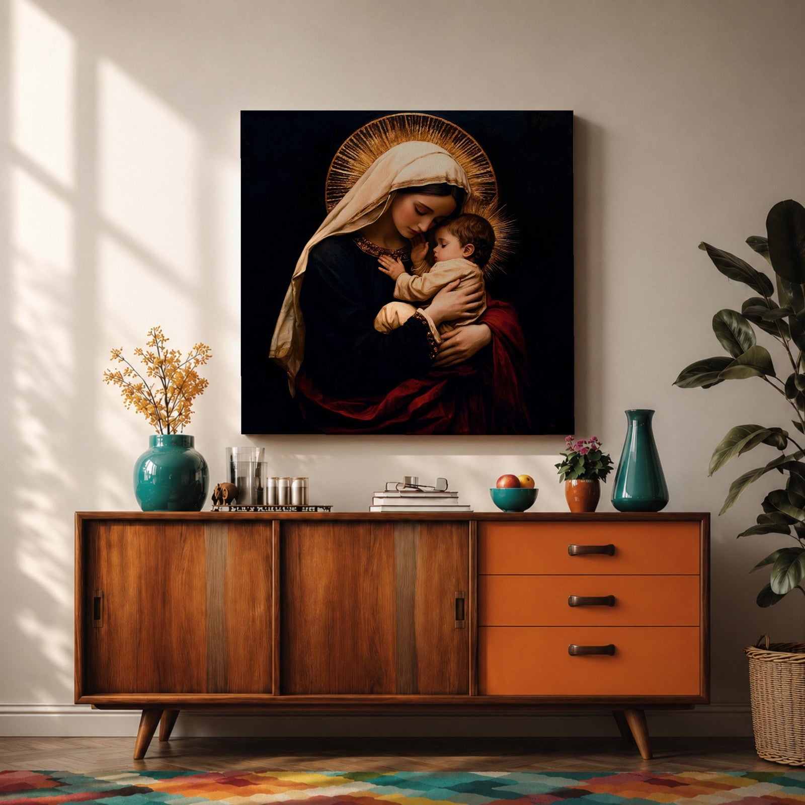 Madonna and Child Wall Art Mother Embrace Framed Canvas Mary and Jesus Catholic Decor