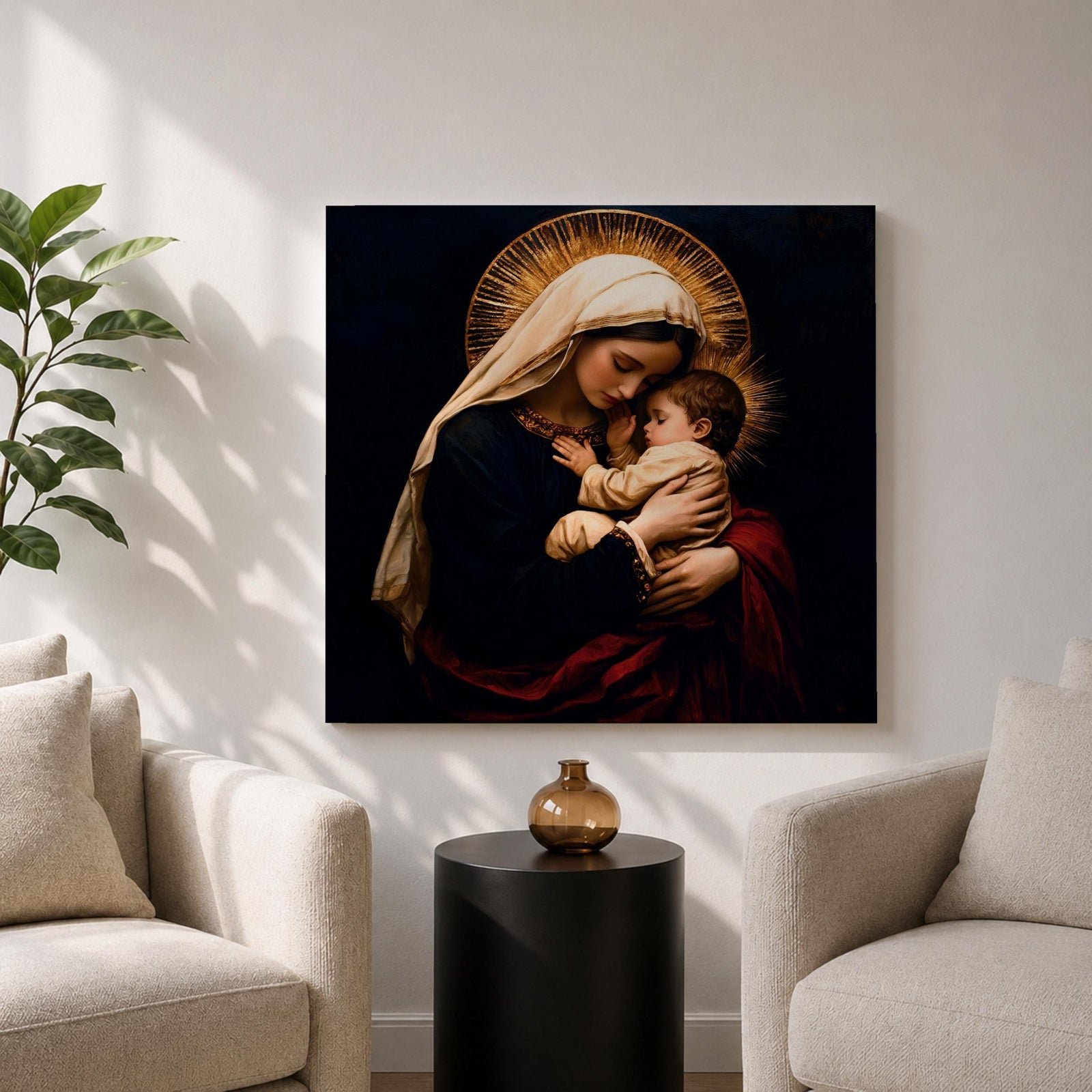 Madonna and Child Wall Art Mother Embrace Framed Canvas Mary and Jesus Catholic Decor