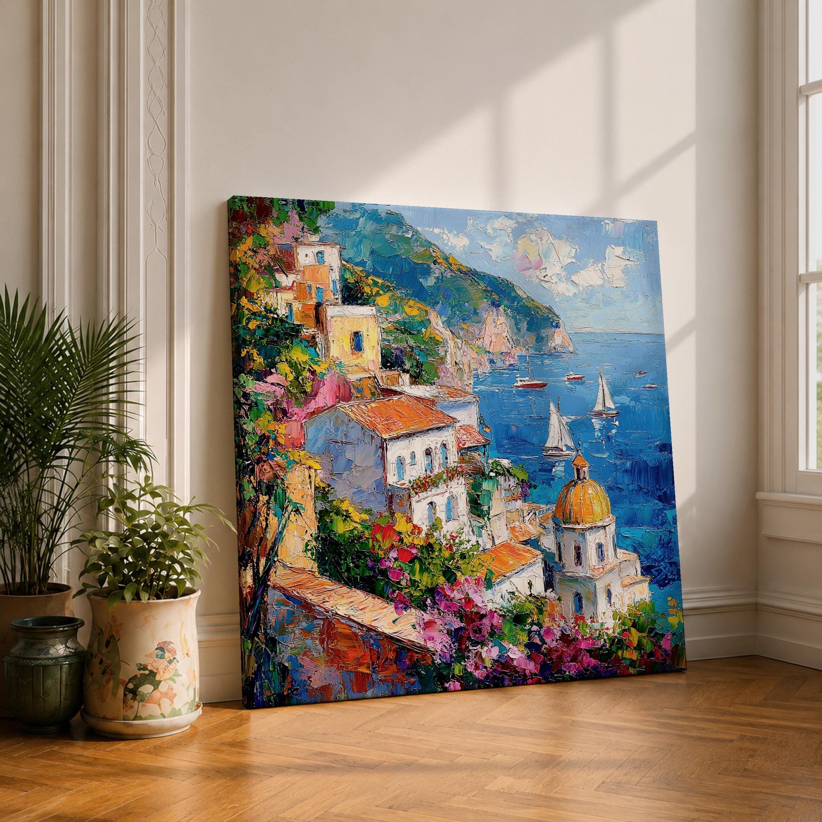 Amalfi Coast Wall Art Mediterranean Italy Framed Canvas Coastal Village Seascape Living Room Decor