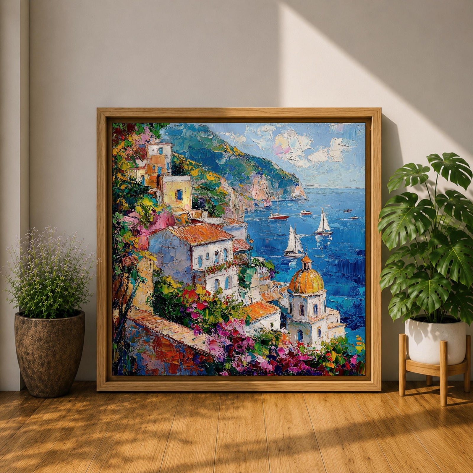 Amalfi Coast Wall Art Mediterranean Italy Framed Canvas Coastal Village Seascape Living Room Decor