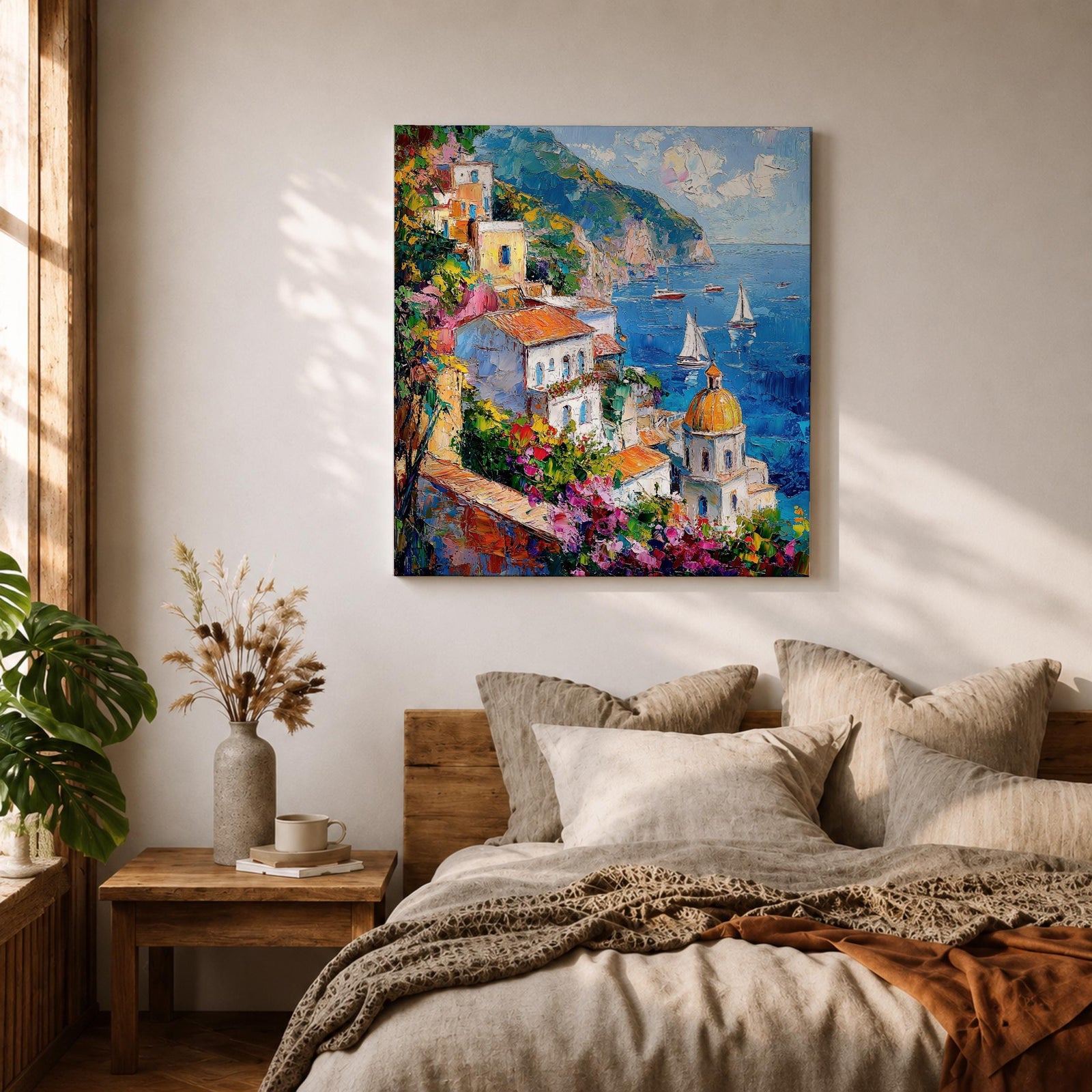 Amalfi Coast Wall Art Mediterranean Italy Framed Canvas Coastal Village Seascape Living Room Decor