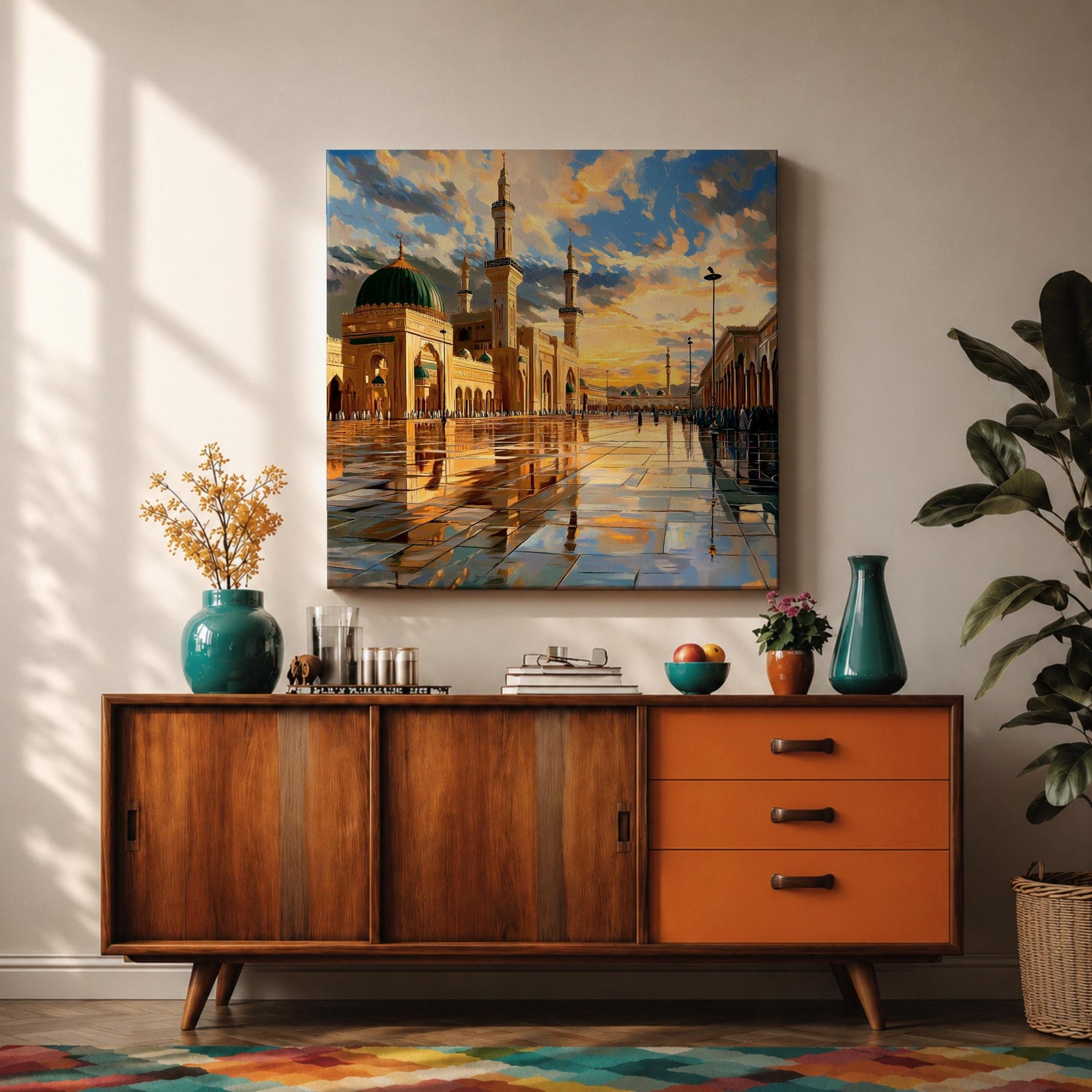 Masjid Nabawi Wall Art Green Dome Framed Canvas Rawdah Medina Islamic Mosque Home Decor