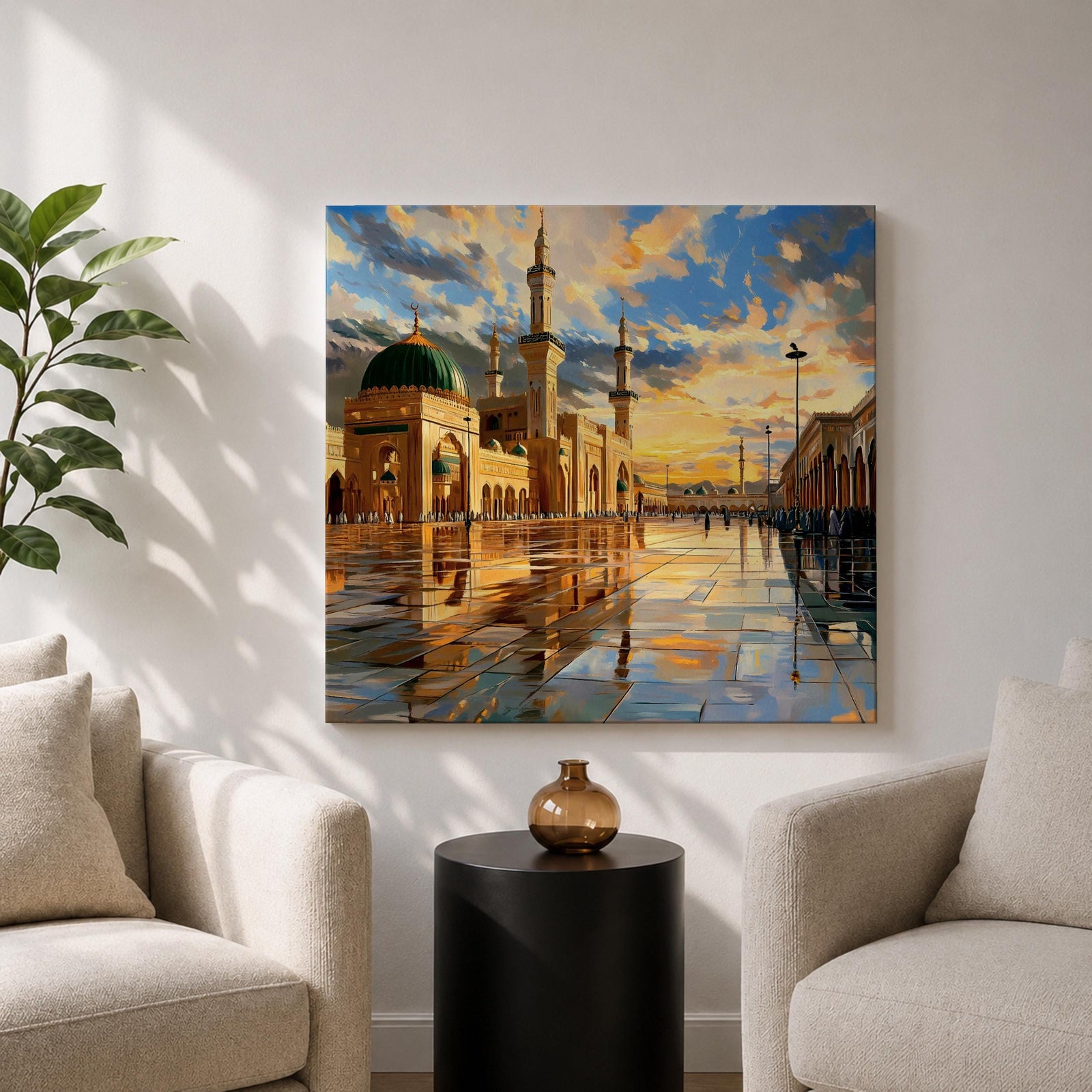 Masjid Nabawi Wall Art Green Dome Framed Canvas Rawdah Medina Islamic Mosque Home Decor