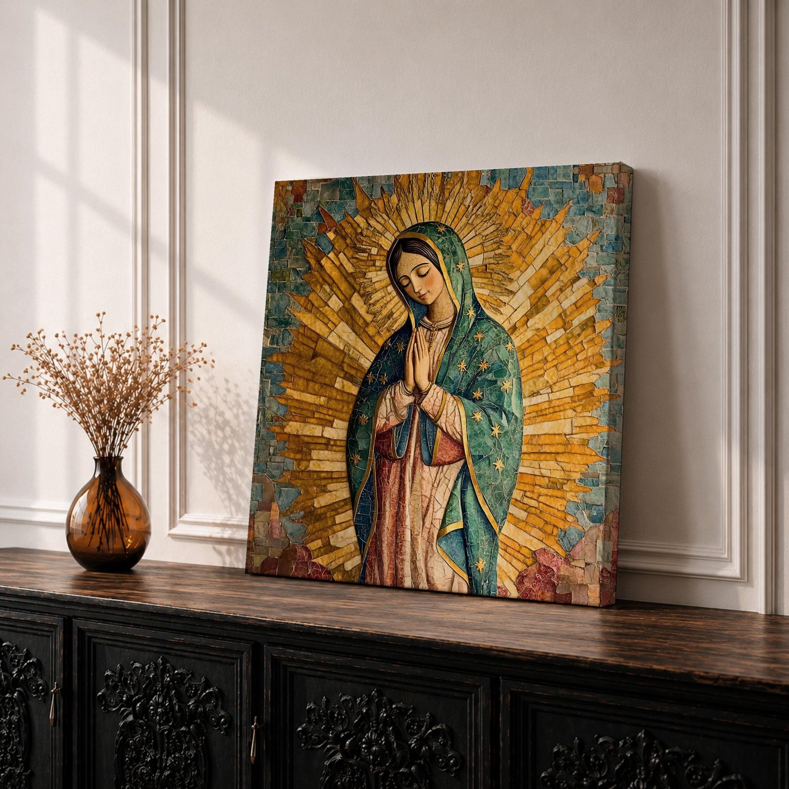 Our Lady of Guadalupe Wall Art La Guadalupana Framed Canvas Mosaic Mexican Catholic Decor