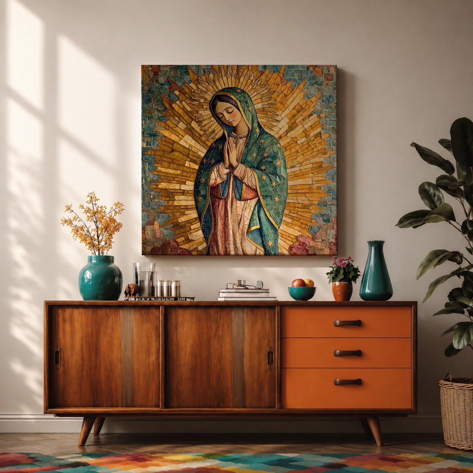 Our Lady of Guadalupe Wall Art La Guadalupana Framed Canvas Mosaic Mexican Catholic Decor