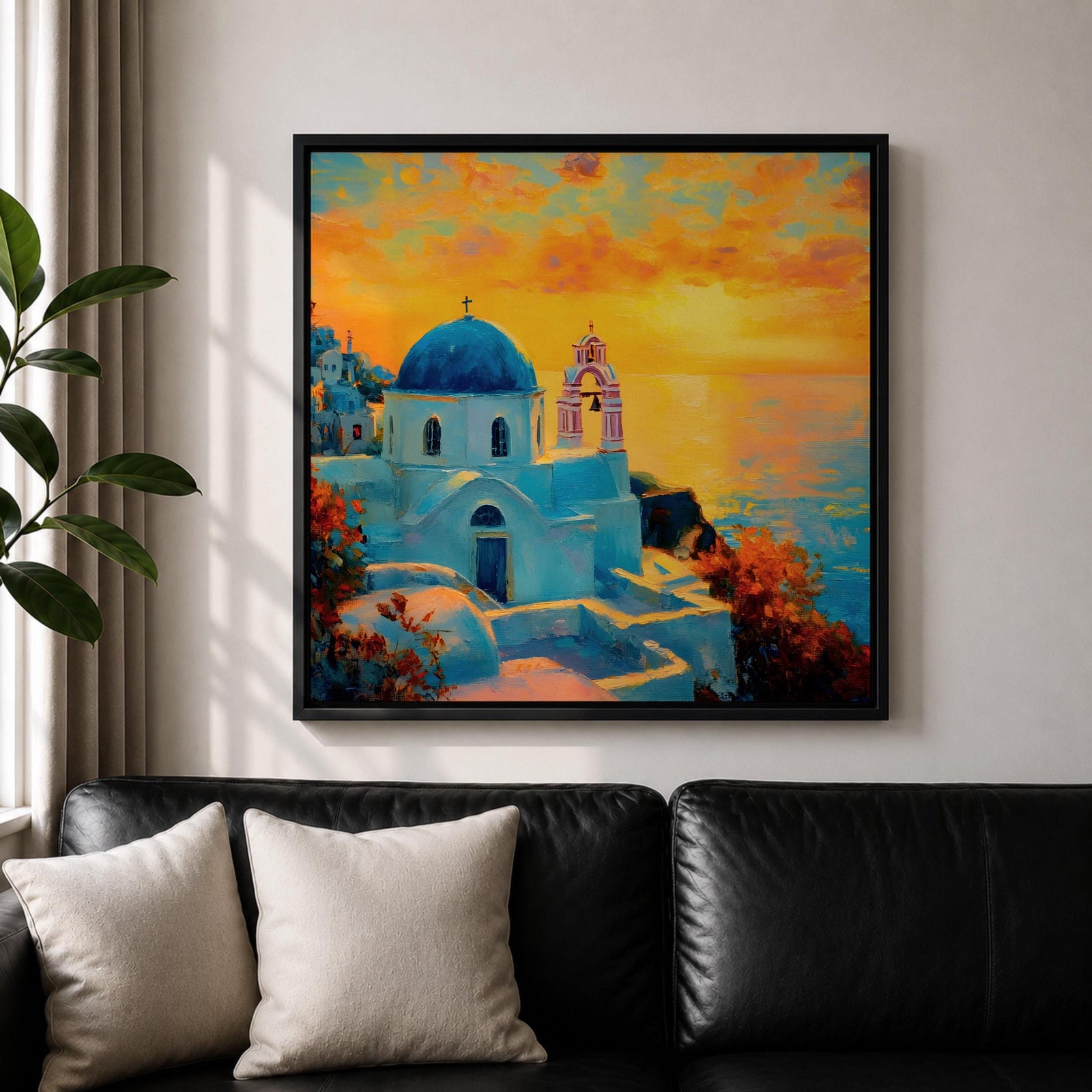 Santorini Wall Art Greek Island Framed Canvas Mediterranean Coastal Landscape Sunset Living Room Decor