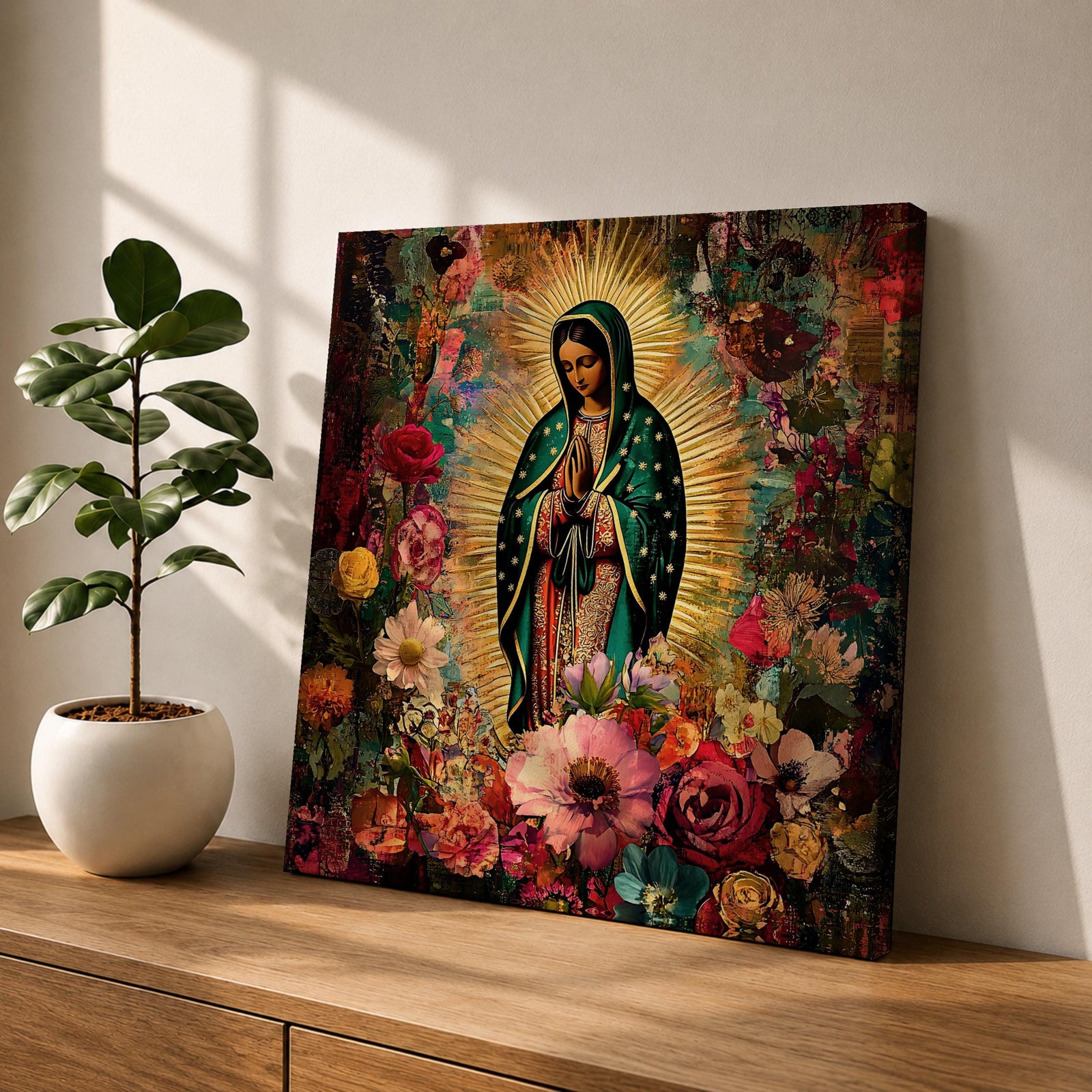 Our Lady of Guadalupe Wall Art Virgencita Framed Canvas Floral Catholic Home Decor