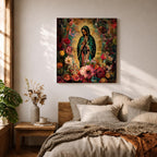 Our Lady of Guadalupe Wall Art Virgencita Framed Canvas Floral Catholic Home Decor