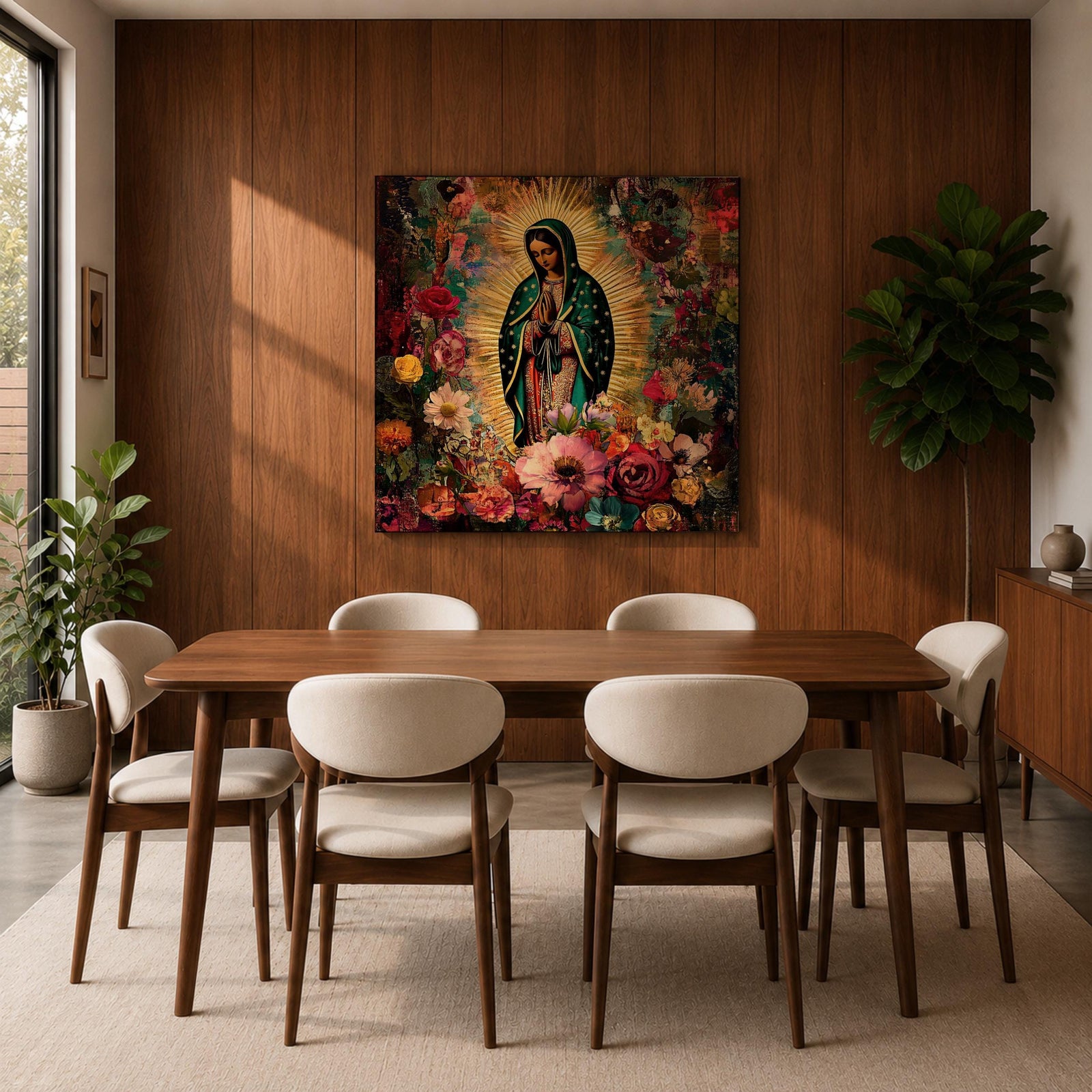 Our Lady of Guadalupe Wall Art Virgencita Framed Canvas Floral Catholic Home Decor