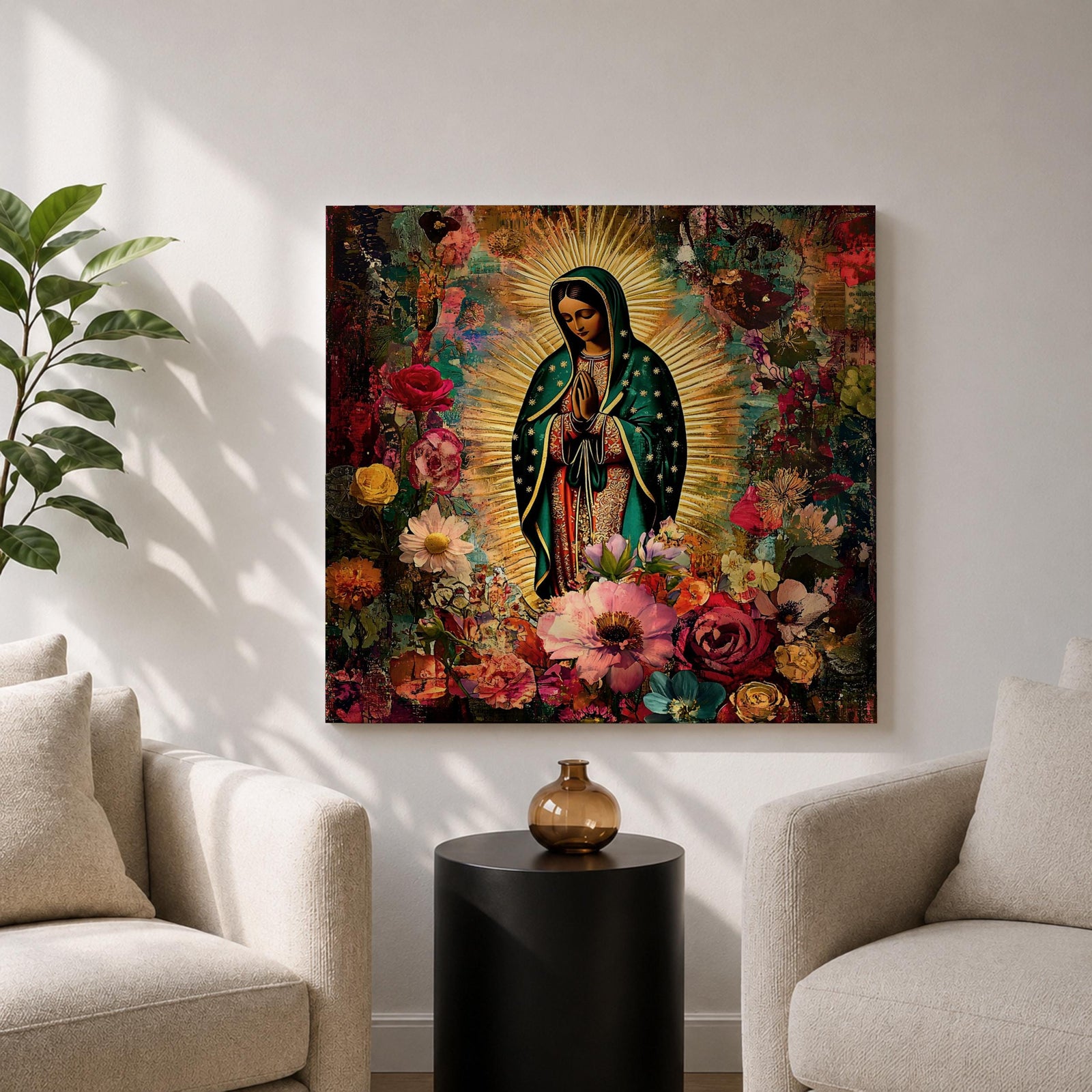 Our Lady of Guadalupe Wall Art Virgencita Framed Canvas Floral Catholic Home Decor