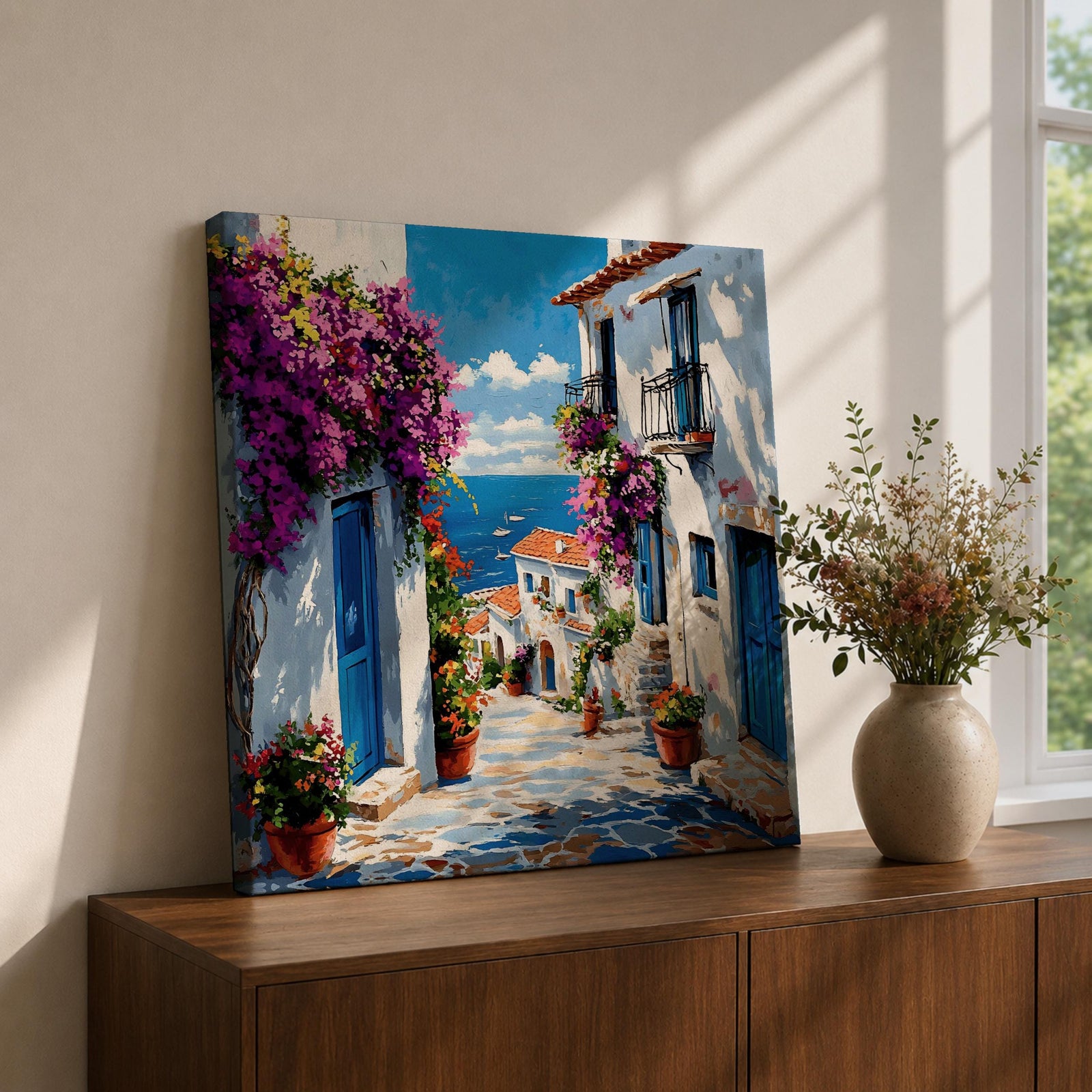 Santorini Village Wall Art Greek Island Street Framed Canvas Bougainvillea Coastal Living Room Decor