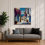 Santorini Village Wall Art Greek Island Street Framed Canvas Bougainvillea Coastal Living Room Decor