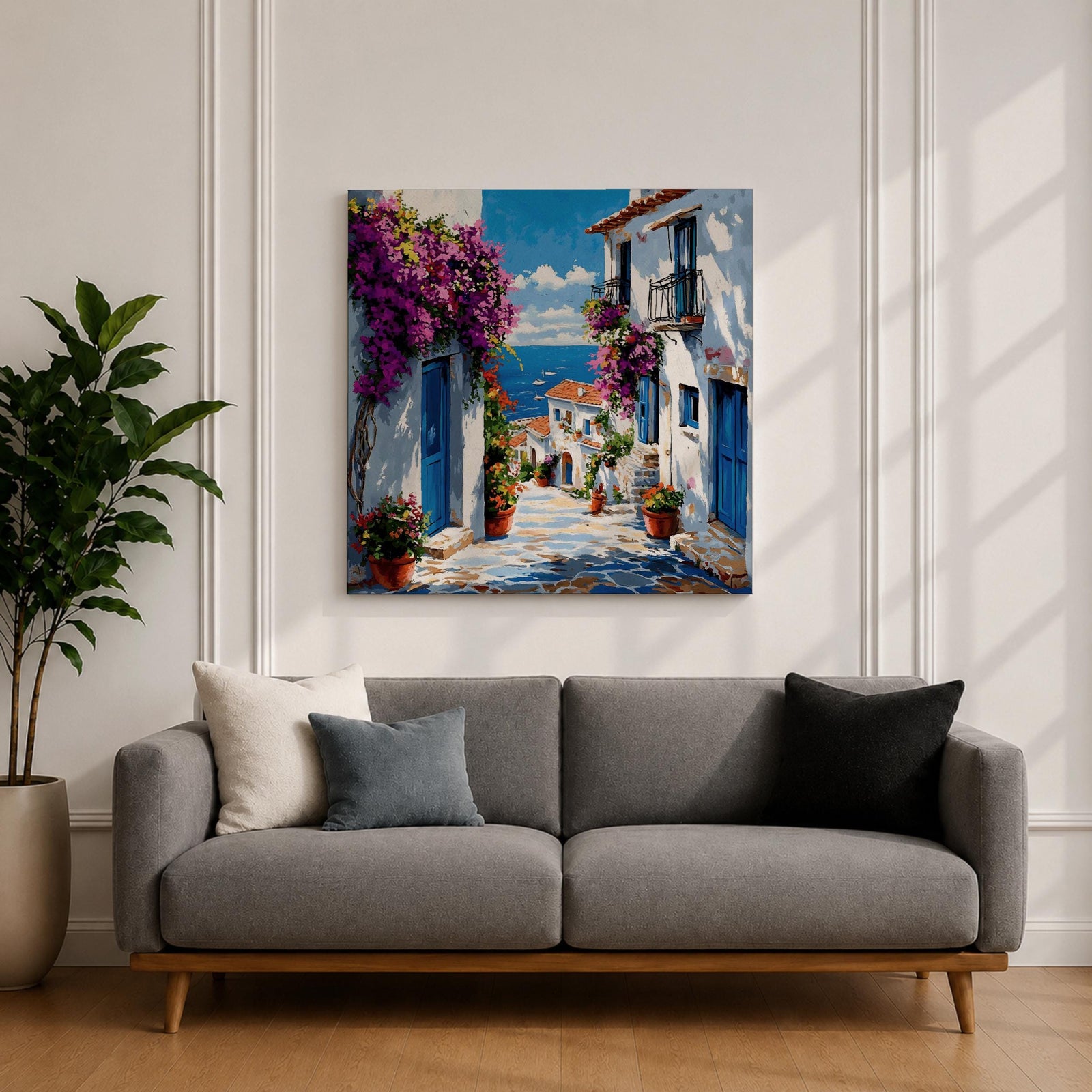 Santorini Village Wall Art Greek Island Street Framed Canvas Bougainvillea Coastal Living Room Decor