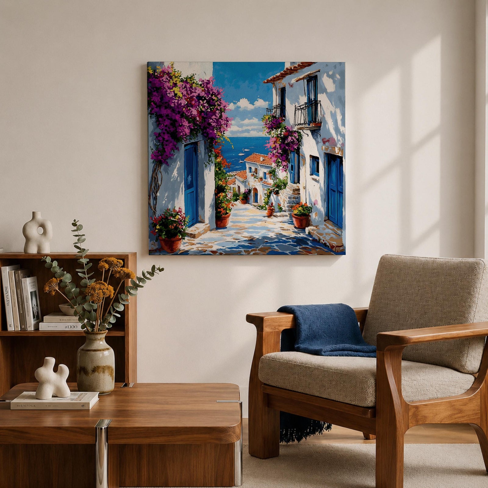 Santorini Village Wall Art Greek Island Street Framed Canvas Bougainvillea Coastal Living Room Decor